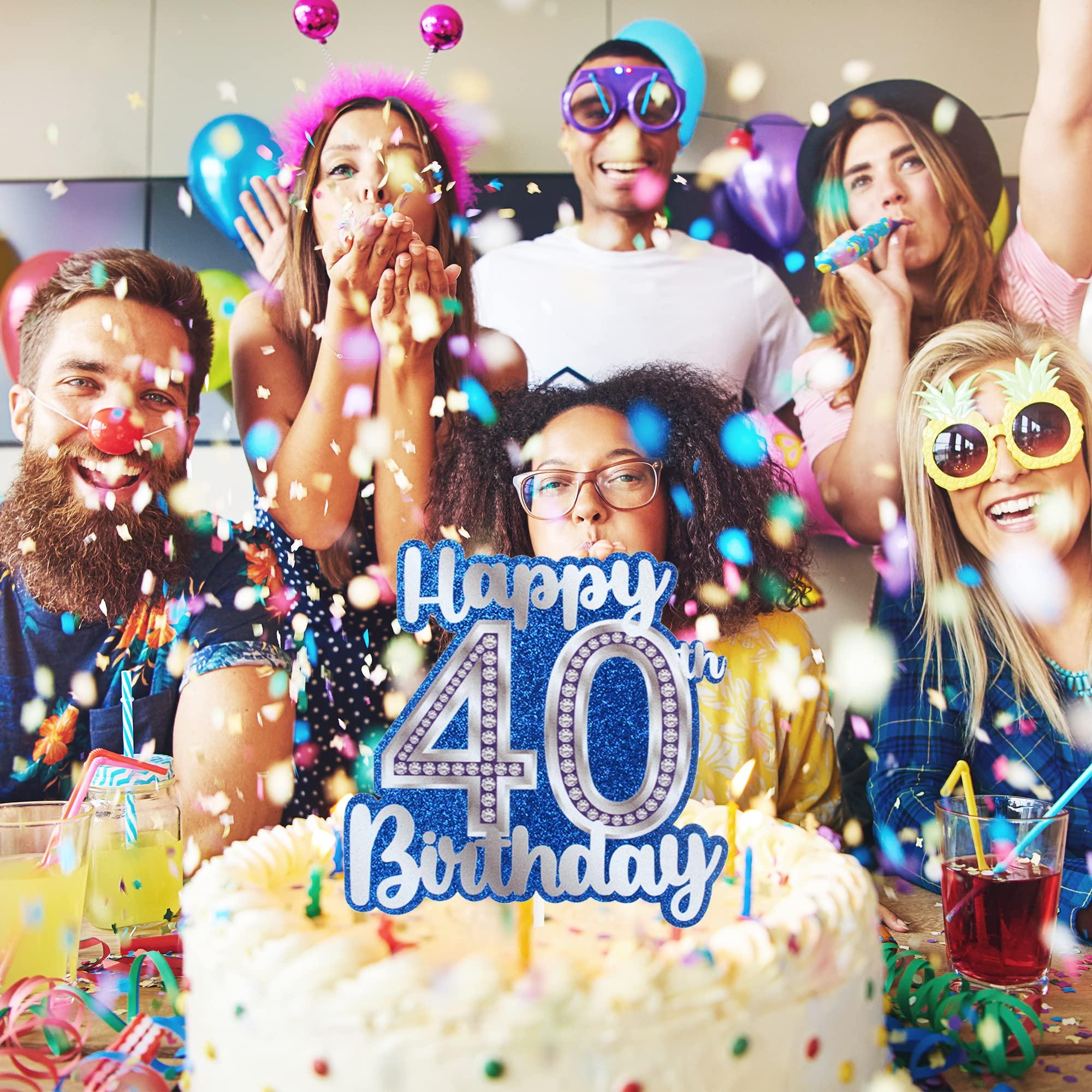 HEYUWING Happy 40th Birthday Cake Topper Crystal Rhinestones Theme Decor Supplies Woman Man Happy Birthday Party Decorations Blue Glitter