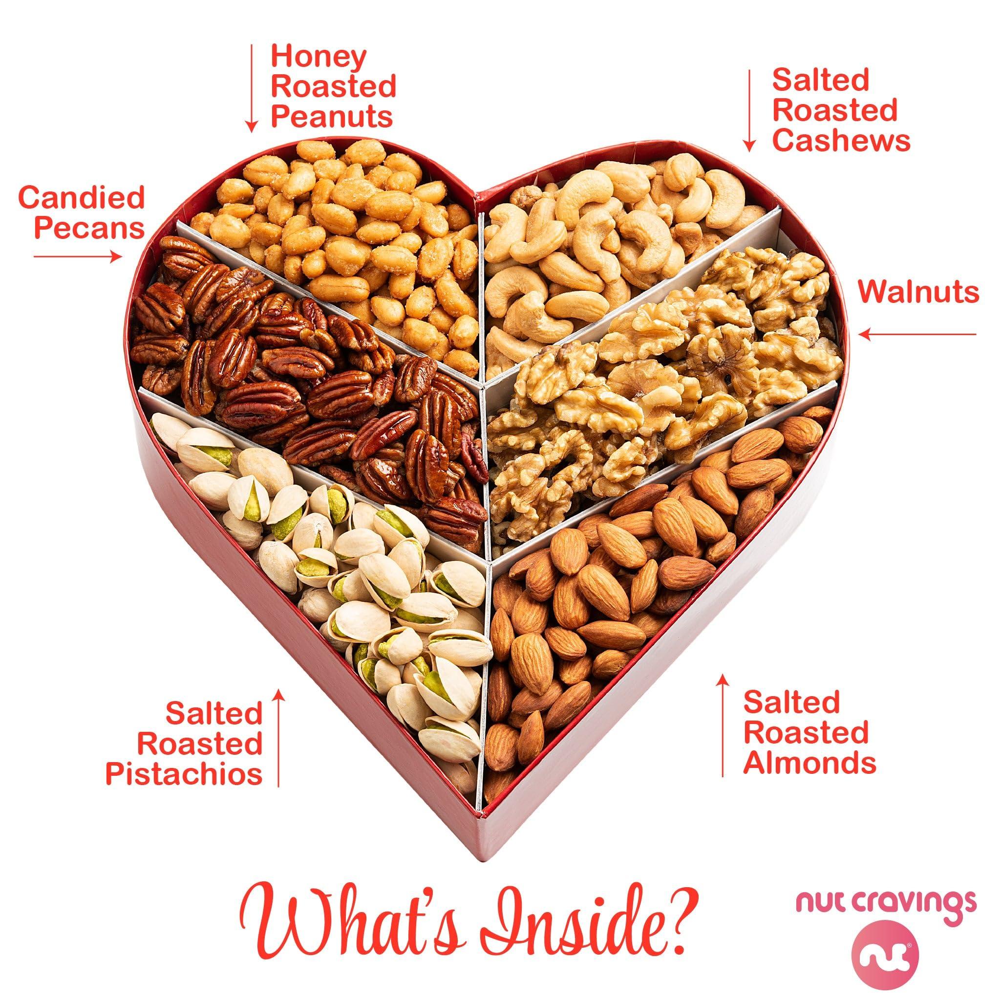 Nut Cravings NUT CRAVINGS Gourmet Collection - Valentines Day Mixed Nuts Heart Shaped Gift Basket, Love in A Box (6 Assortments) Galentines Romantic Arrangement Platter, Healthy Kosher USA Made Corporate