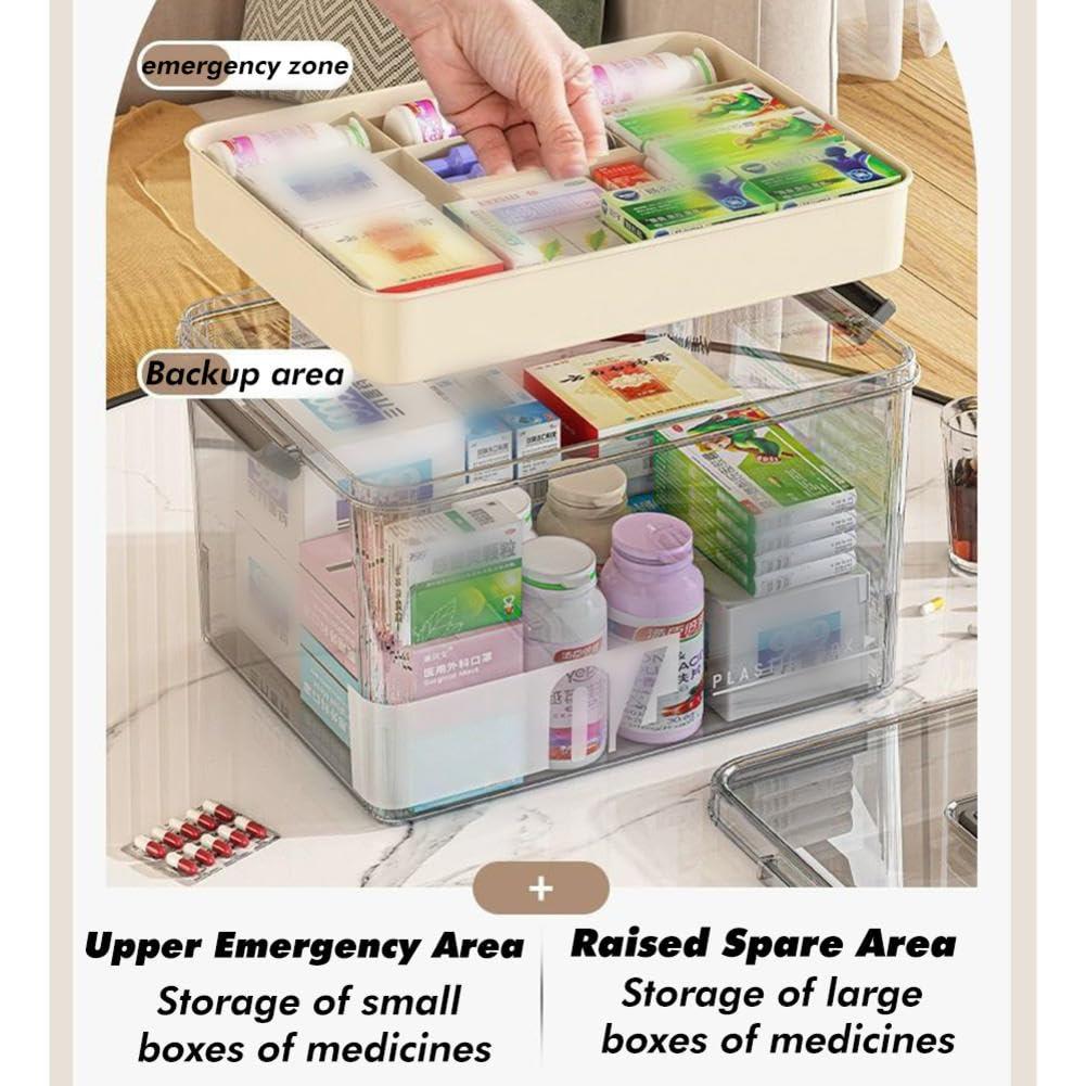 MYBAQ MYBAQ,Medicine Storage Box,Pill Bottle Organizer,Medication Organizer Storage,Medicine Organizer,Transparent Multi-Compartment Organizer with Handle,Medicine Storage for Home (15\"L11.6\"W9\"H) Khaki