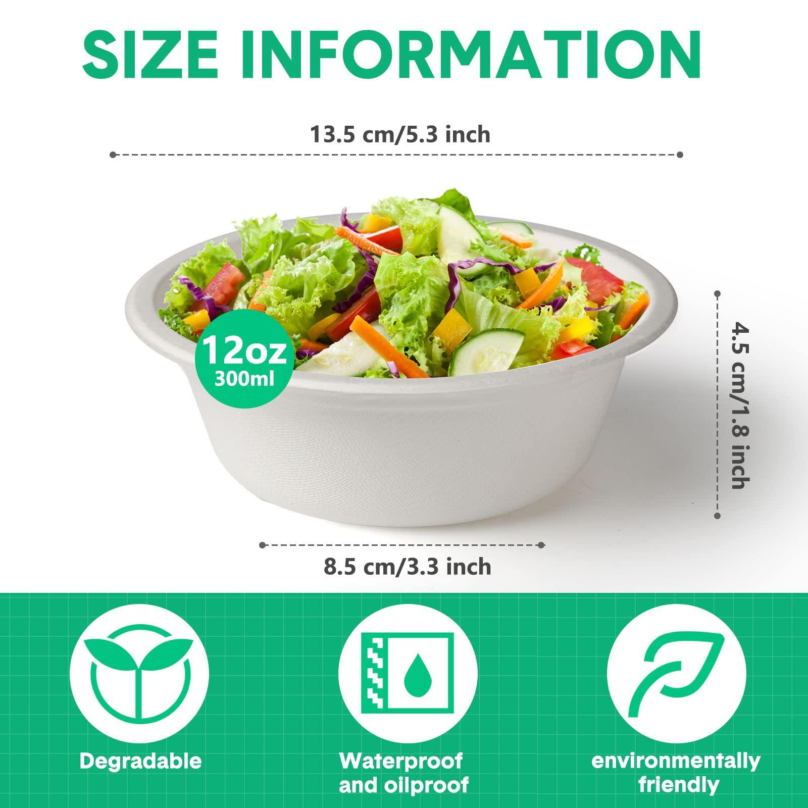 Potchen 300 Pack Disposable Paper Bowls Quality White Bowls Small Sugar Cane Fibers Party for Ice Cream Fruits Salad Soup Hot or Cold Use Catering Picnics Camping and Restaurant Supplies(12 oz,White)