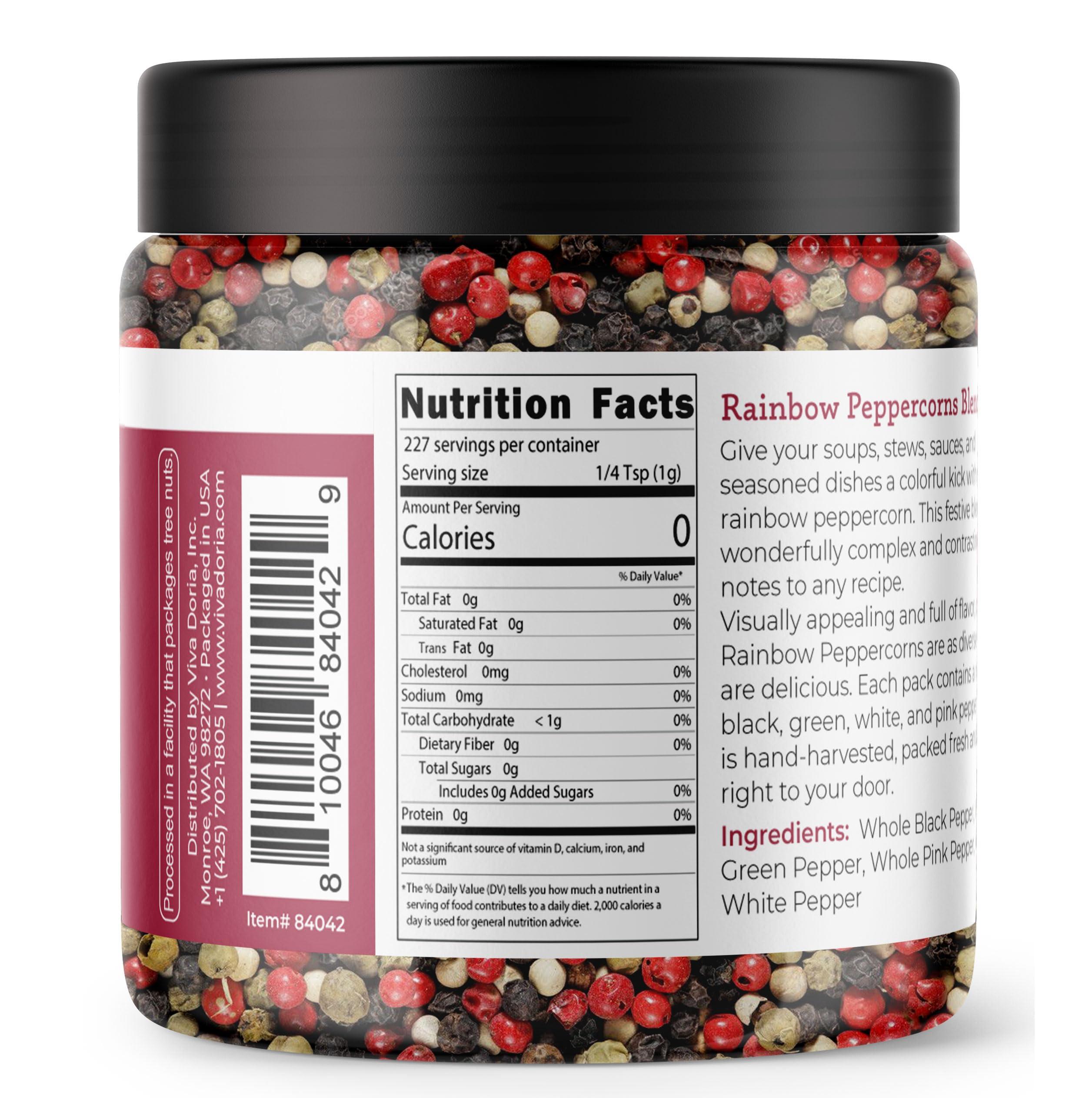 Viva Doria Viva Doria Rainbow Blend Peppercorn, Steam Sterilized Whole Black Pepper, Whole Green Pepper, Whole Pink Pepper, Whole White Pepper, 8 Oz, For Grinder Refills