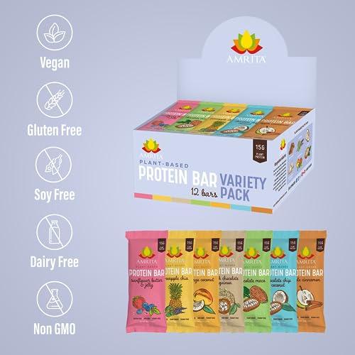 Amrita AMRITA Vegan Protein Bars Variety Pack (6 Flavors) | Peanut/Dairy Free, Soy & Gluten Free | 15g Plant Based Protein Bars | High Fiber Low Sugar Meal Replacement Bar - Breakfast Bars, High Protein Bars