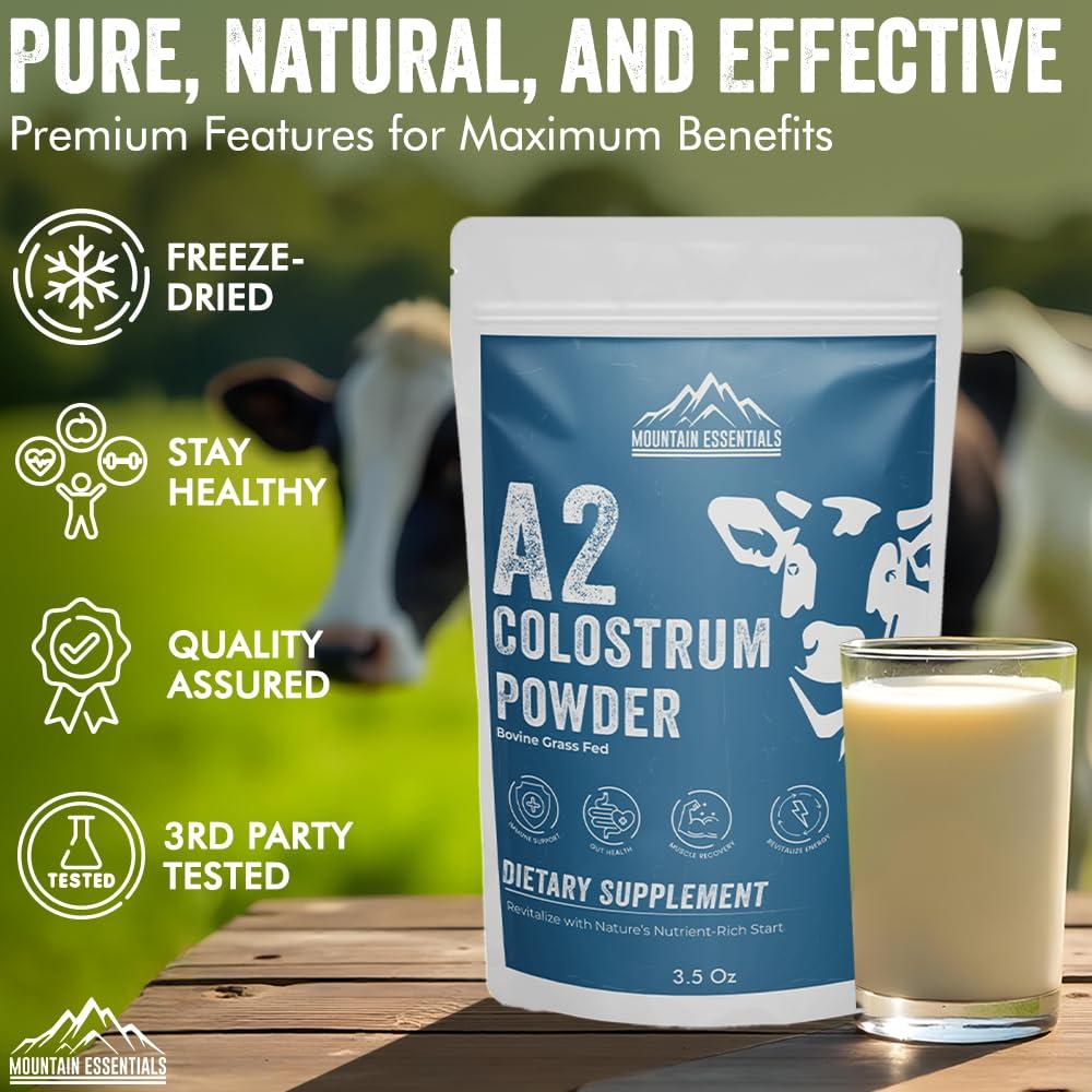 MOUNTAIN ESSENTIALS Freeze Dried A2 Colostrum Powder 3.5 Oz Bovine Grass Fed, Gluten Free, Non-GMO, Sugar Free with 1 Year Shelf Life 50 Servings | Dietary Supplement Immune Support, Gut Health, Muscle Recovery 1 Pack