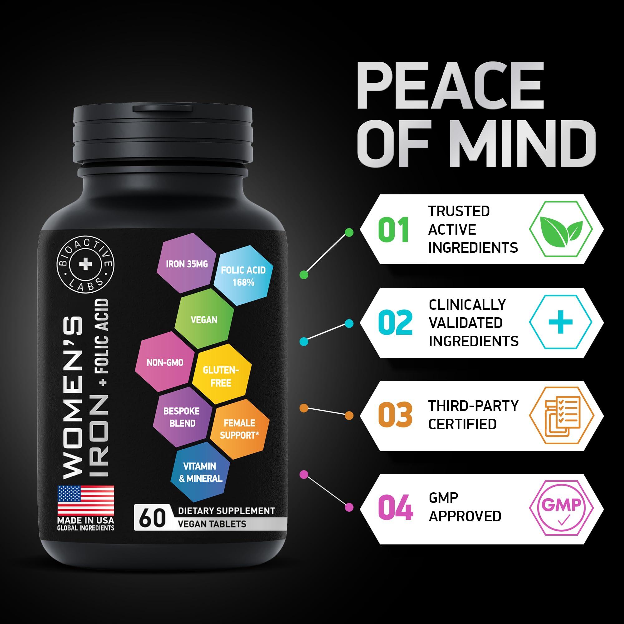 BIOACTIVE LABS Vegan Iron Supplements for Women with Folic Acid - 168% Folate Folic Acid, 194% Ferrous Sulfate Blood Builder with Anemia and Pregnant Women - 60 Gluten-Free Gentle Iron Tablets