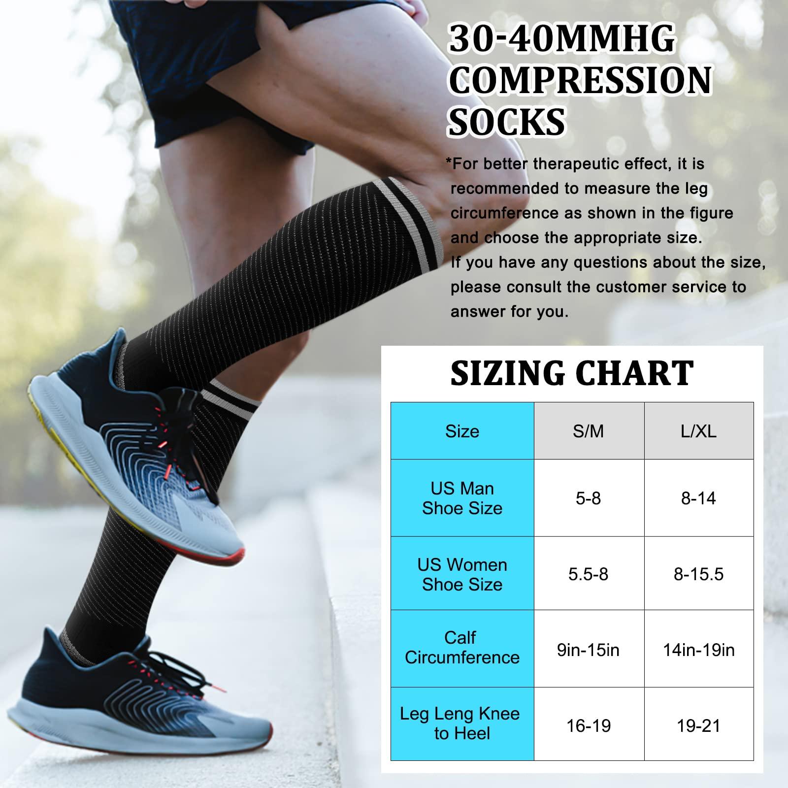 Hi Clasmix 30-40mmHg Medical Graduated Compression Socks for Women&Men Circulation-Compression Stockings-Knee High Socks for Support,Hiking,Running(2 Pack Strip Black Grey,L-XL)