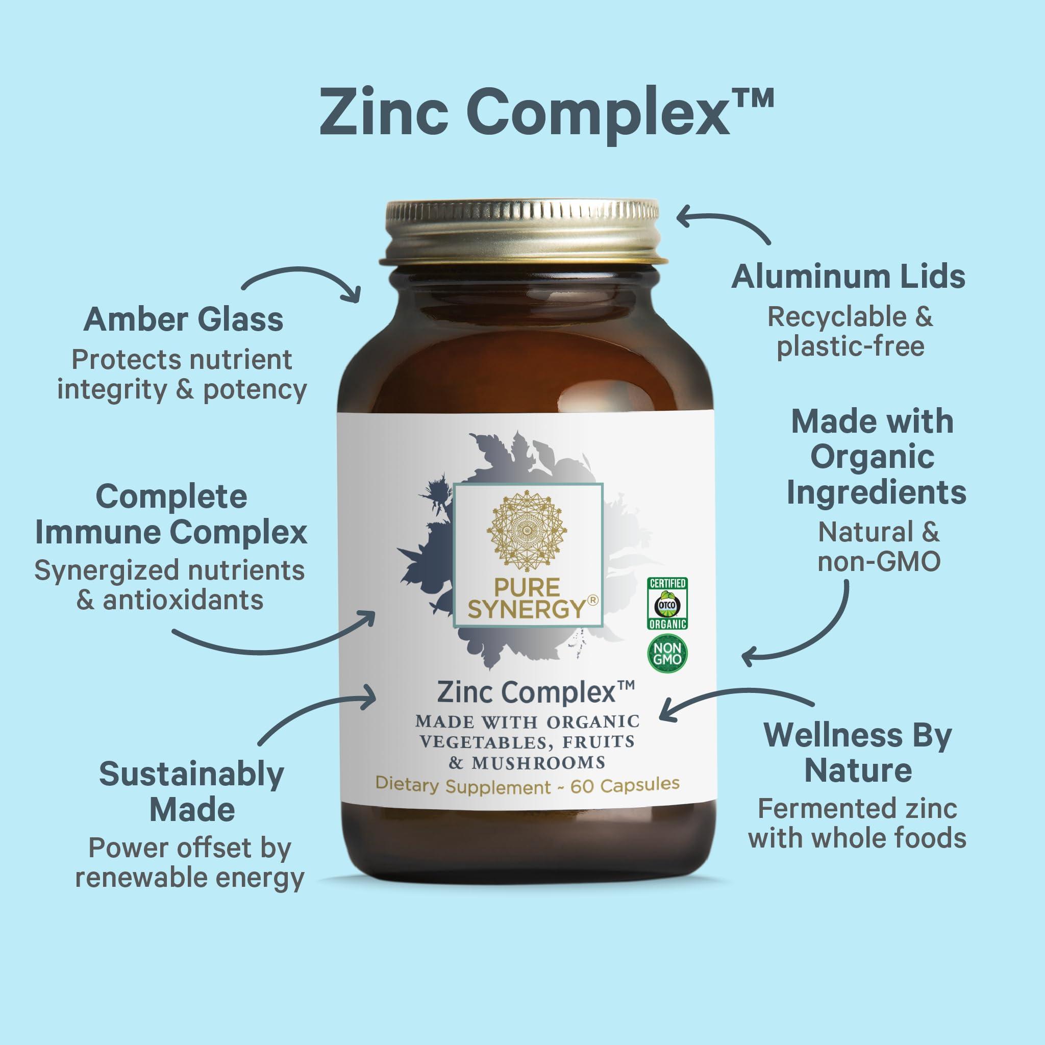 PURE SYNERGY PURE SYNERGY Zinc Complex | Zinc Immune Support Supplement | Natural, Vegan Zinc Complex with Vitamin C and Organic Whole Foods | for Immune, Brain, and Skin Health (60 Capsules)