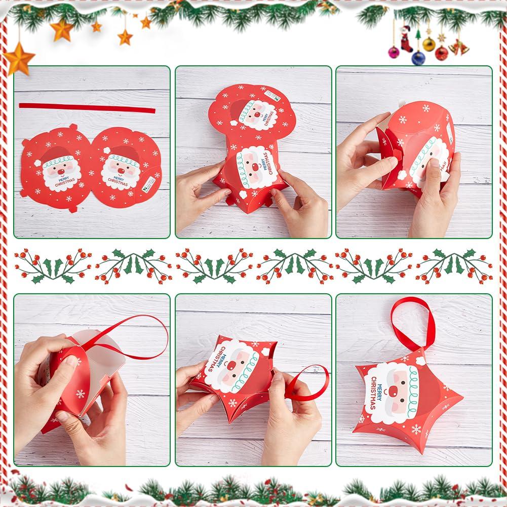 BENECREAT BENECREAT 32Pcs 8 Styles Christmas Star Boxes Santa Claus Candy Boxes Merry Christmas Snowflakes Bells Elk Gift Box with Ribbon for Christmas Party Gifts, 4.7x4.7x1.5inch
