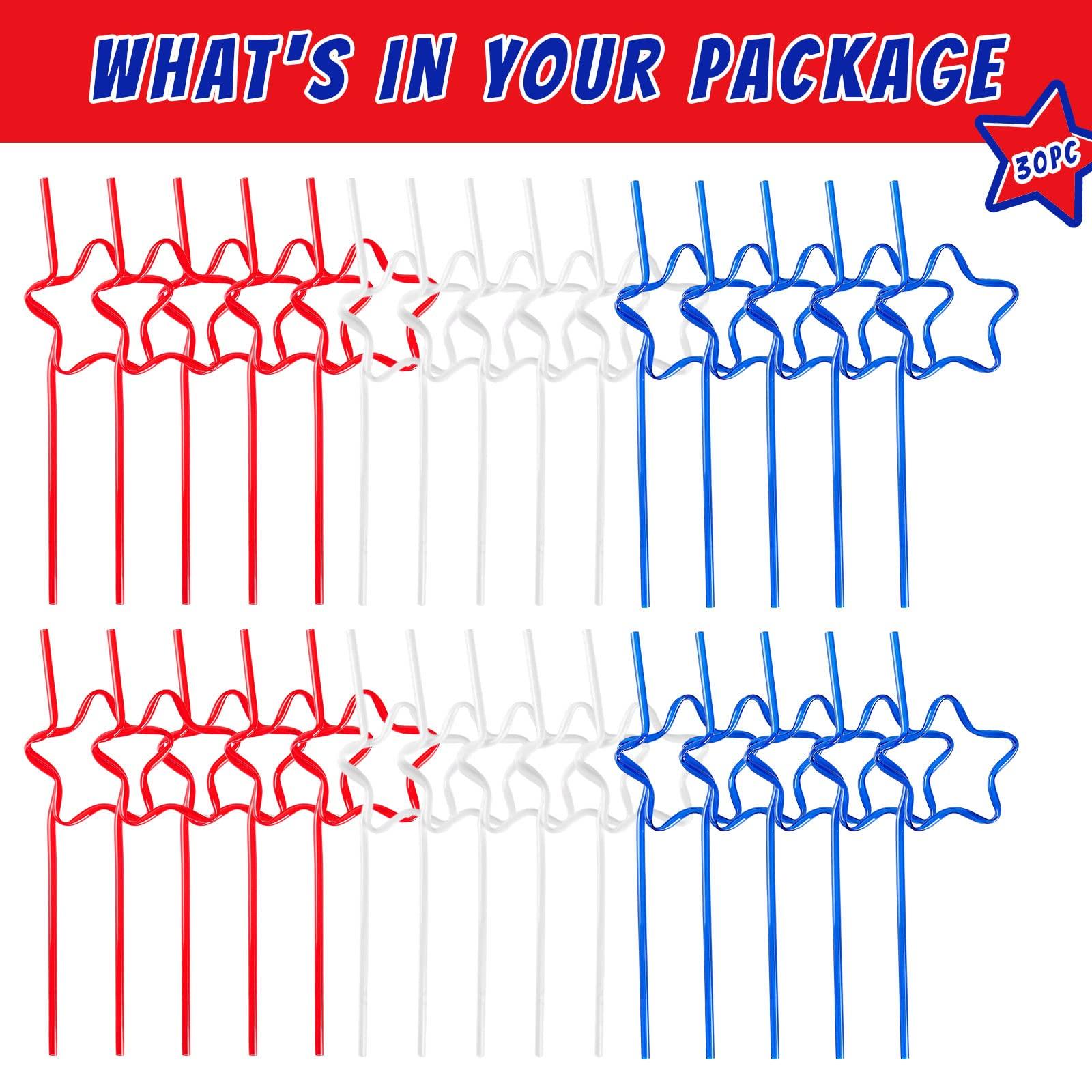 Quera Quera 30 pcs Star Crazy straws 4th of JULY Red White Blue Silly Straws Patriotic Loop Straws Reusable BPA-Free Plastic Drinking Straws Silly Colorful Drinking Straws for Kids Birthday Party Supplies