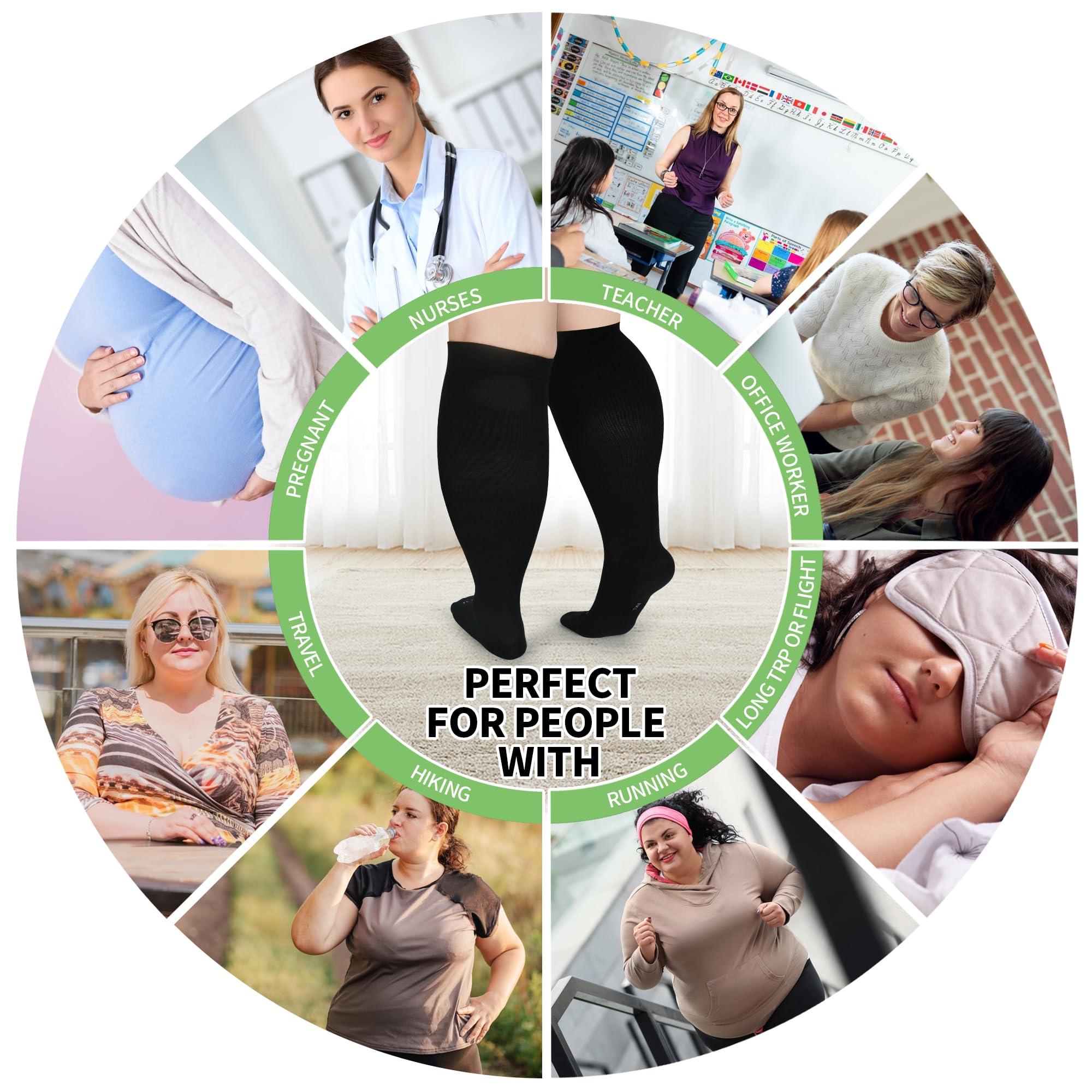 UISLII UISLII Plus Size Compression Socks Wide Calf Women Men,5 Pairs 20-30mmHg Extra Width Calf Viscose Knee High Compression Socks for Circulation Support(Black+White+Grey+Navy+Dark Blue-4XL)