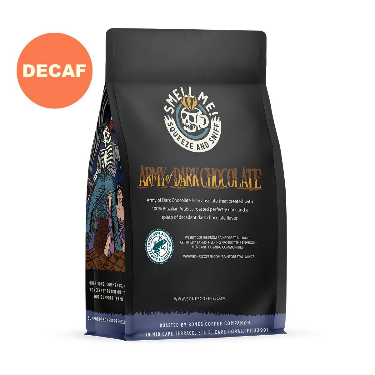 Bones Coffee Company Bones Coffee Company Decaf Army Of Dark Chocolate Flavored Coffee Beans, Whole Bean Coffee Medium Roast Low Acid Decaffeinated, Dark Chocolate Flavor (12 oz)