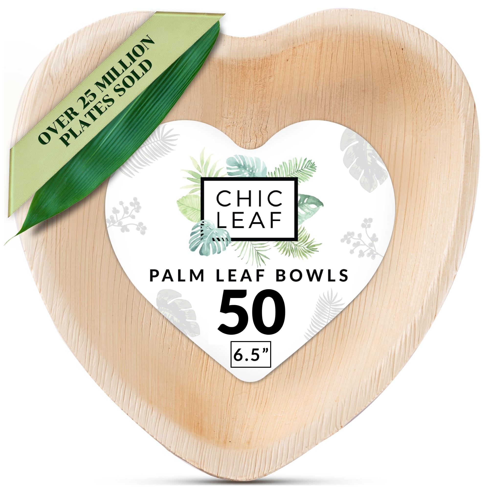 Chic Leaf Chic Leaf Palm Leaf Bowls Disposable Bamboo Heart Shaped Bowls 6.5 Inch Heart Dish (50 Heart Bowls) - Compostable Heart Shaped Plates - Cute Plates For Catering, Charcuterie, Parties