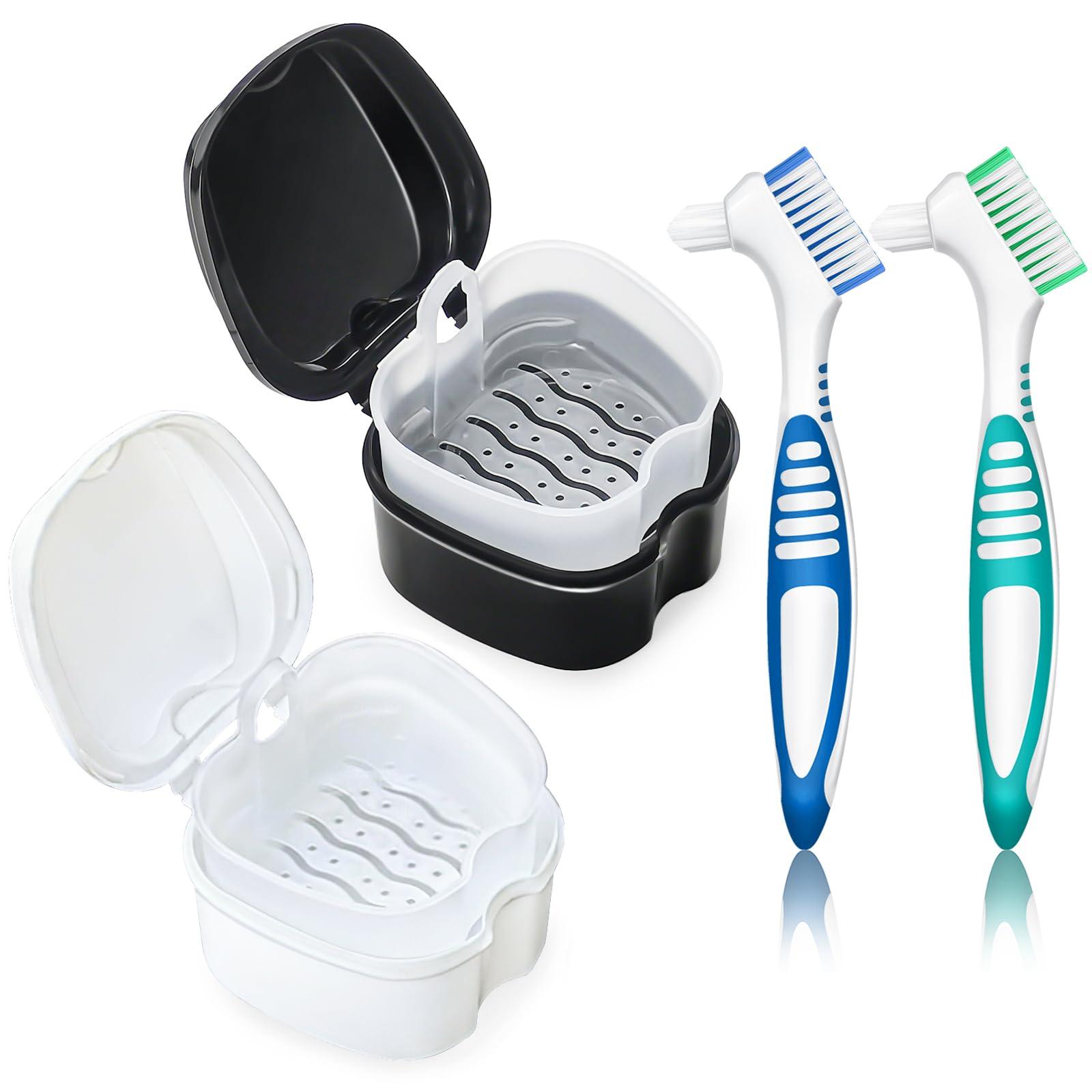 EZEELAI Denture Bath Case Retainer Cleaner Case with Strainer Basket, Denture Cup Dental Retainer Holder Case for Soaking Mouthguard Cleaning Storage Box Case - Black and White