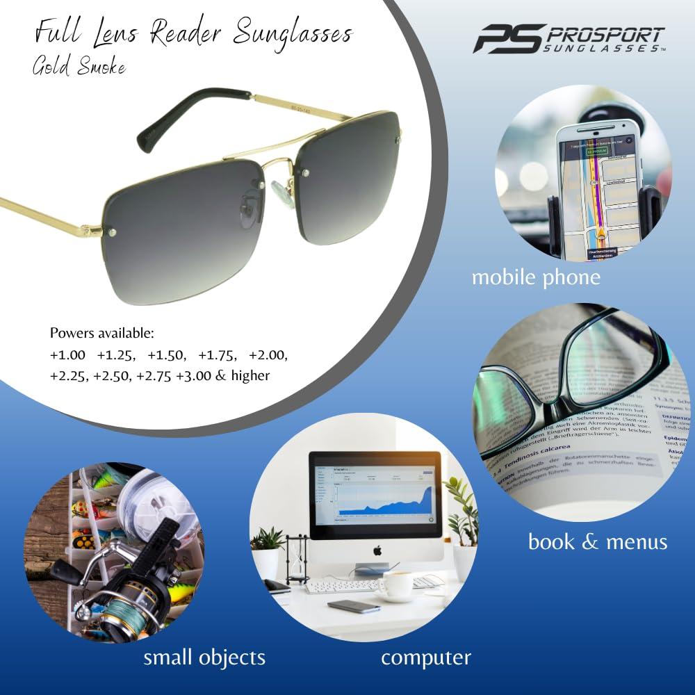 proSPORT proSPORT Sunglasses Readers Full Lens Square Aviator Rimless Metal Silver Gold Gradient Grey Brown Tint Men Women NOT BIFOCAL
