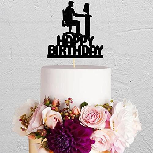 QXQXBA Programming Theme Happy Birthday Cake Topper, Programmer Cake Decor, Computer Tech Cake Decorations, IT Birthday Party Supplies, Black Glitter