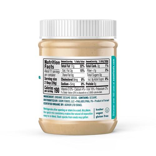 Soom Soom Foods Organic Tahini 11oz (2 Pack) | Roasted & Ground Sesame Seed Paste | Creamy Texture for Hummus, Sauces, Dips, Dressings | Vegan, Peanut-Free, Nut-Free, Gluten-Free, Dairy-Free, Keto, Paleo, Kosher | All-Natural