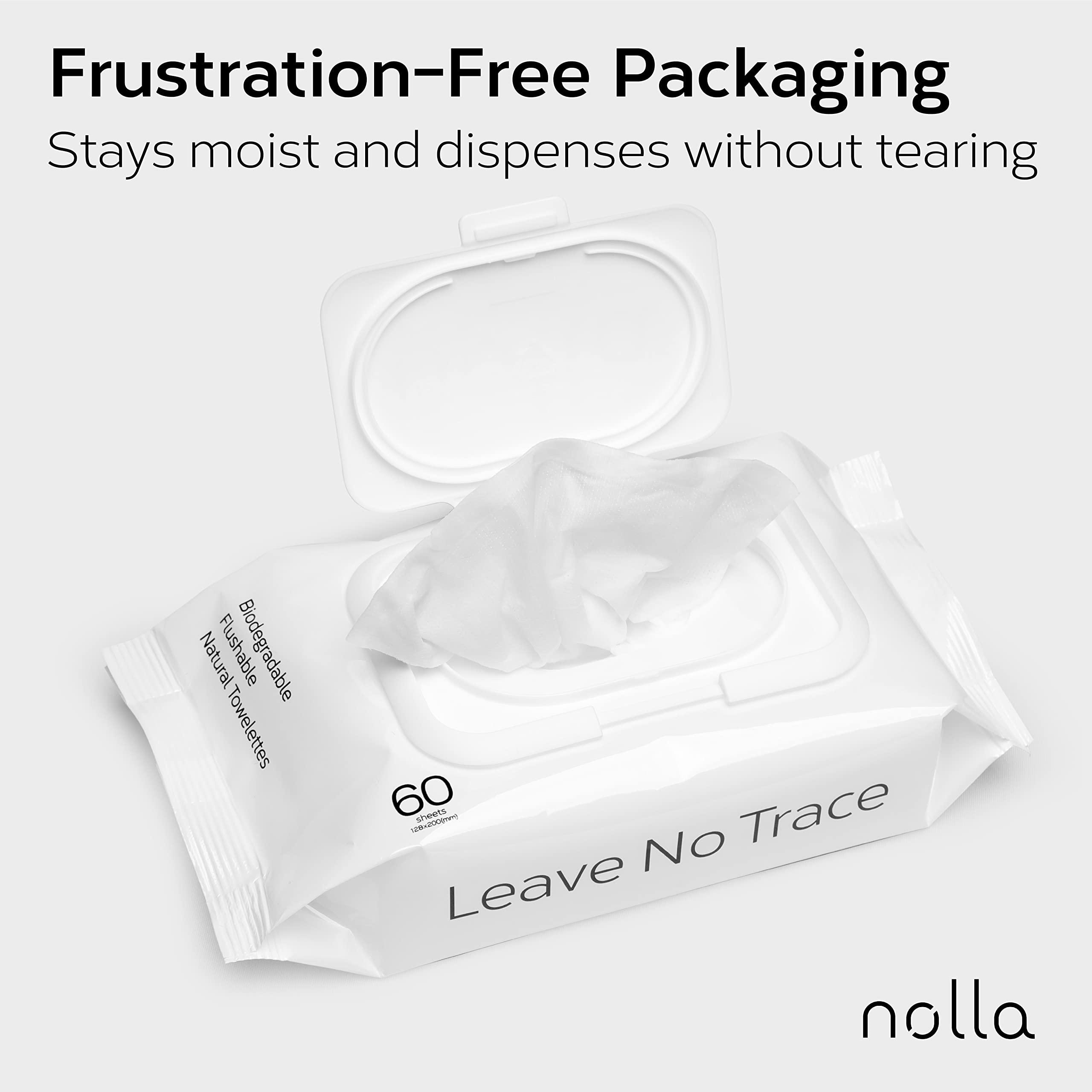 Nolla Nolla Flushable Wipes - 100% Plant-Based and Biodegradable - Soft, Unscented + Soothing Aloe and Vitamin E - For Adults and Kids 180 Count (3 Packs of 60)