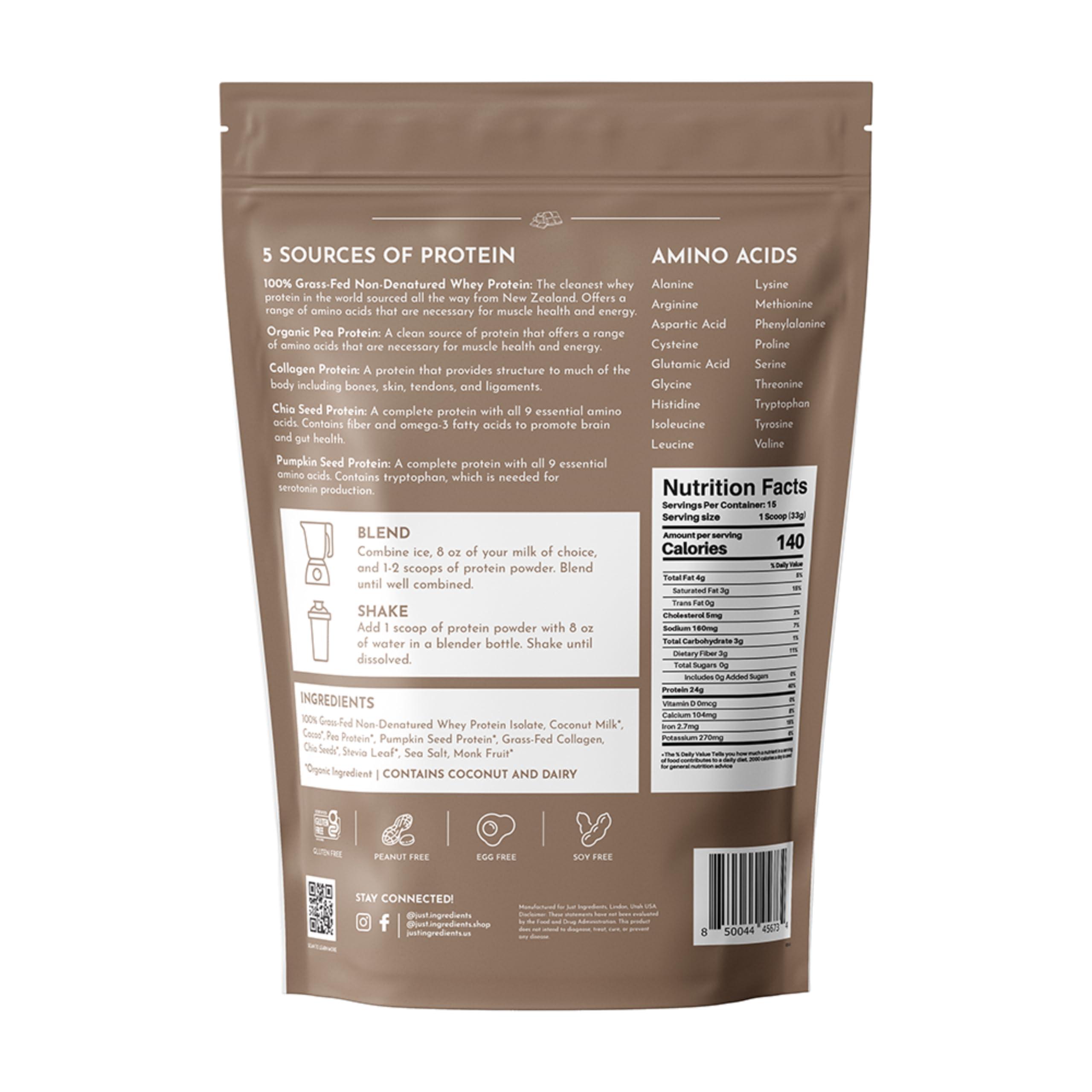 JUST INGREDIENTS JUST INGREDIENTS Chocolate Protein Powder | 15 Servings | 100% Grass-Fed Whey | Non-GMO, Gluten-Free, No Artificial Flavors