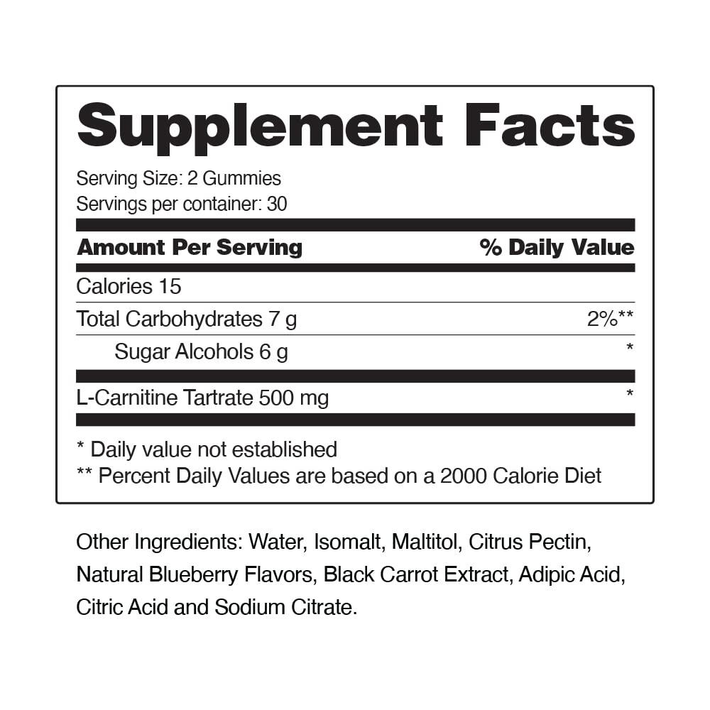 Snap Supplements Sugar Free L Carnitine 500mg Gummy - Natural Pre Workout L-Carnitine Supplement - Increased Energy, Faster Recovery, Boost Metabolism, Pre Workout for Women & Men, Blueberry Flavor (60 Gummies)