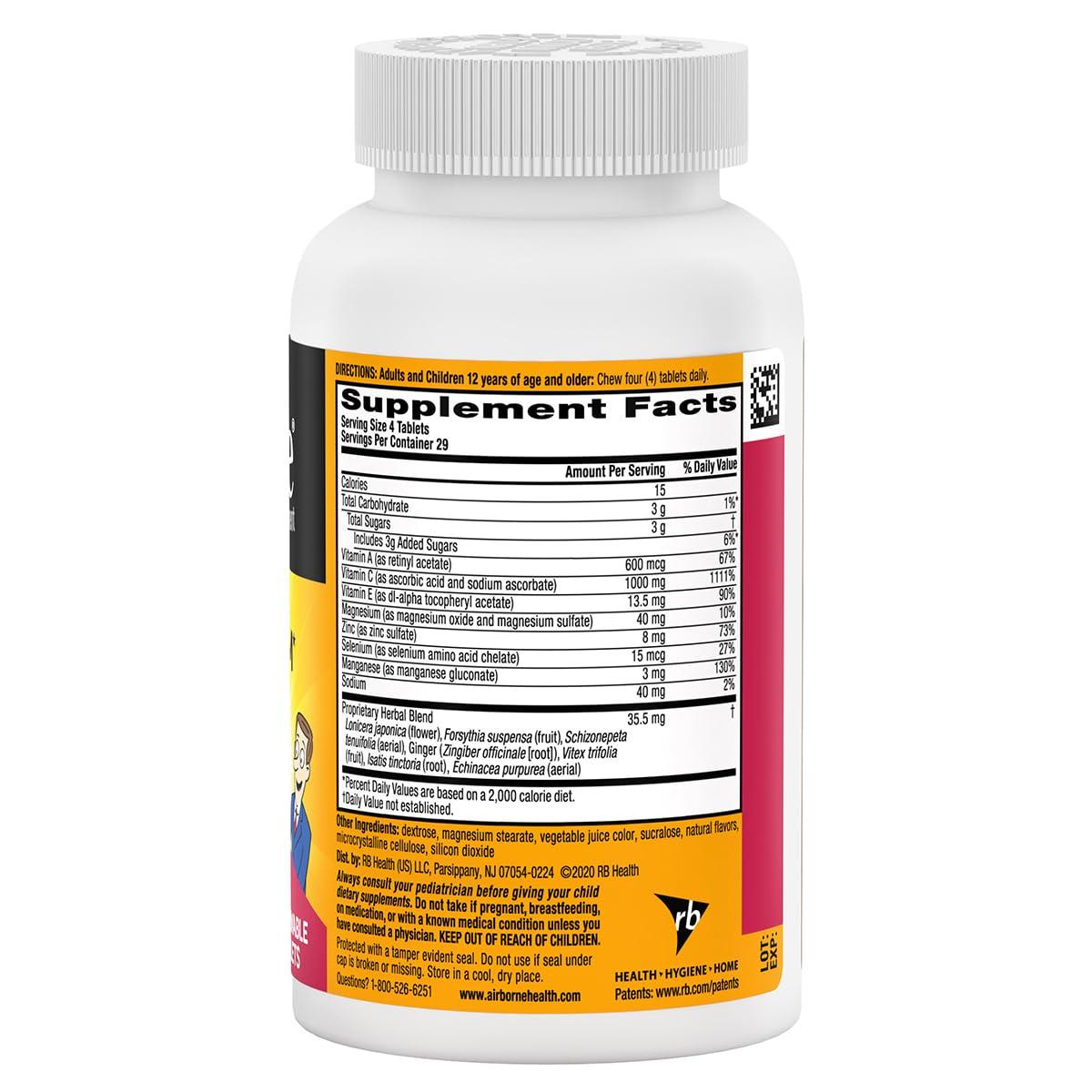 Airborne Airborne 1000mg Vitamin C + Zinc Immune Support Supplement Chewable Tablets, Very Berry Flavor with Powerful Antioxidants Vitamins A C & E, 116 Chewable Tablets (2 Pack)