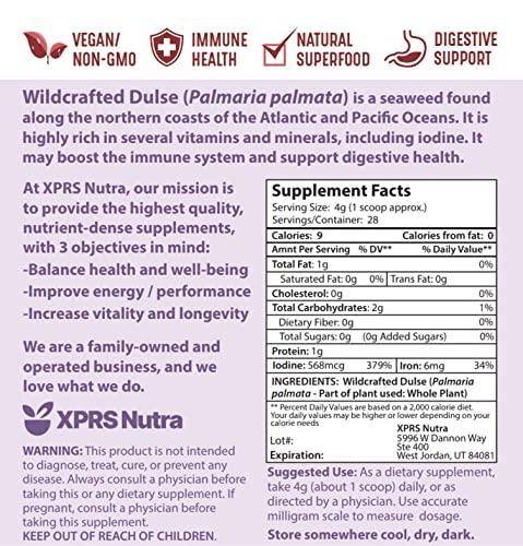 XPRS Nutra XPRS Nutra Dulse Powder (Palmaria Palmata) - Canadian Wildcrafted Nova Scotia Dulse Powder for Thyroid and Bones - Vegan Friendly Atlantic Dulse Powder (4 Ounce)