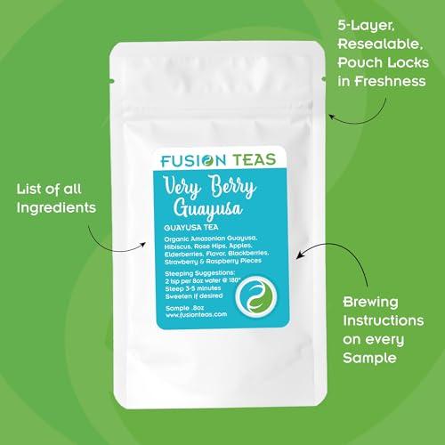 Fusion Teas Yerba Mate Sampler Set, An Assortment of 5 High-Energy Yerba Mate Infusions including Roasted and Green Yerba Mate Varieties and Our Popular Very Berry Guayusa, Each Sample Makes About 8 Cups - Good Morning Mate, Caramel Cream Yerba Mate, Very Berry