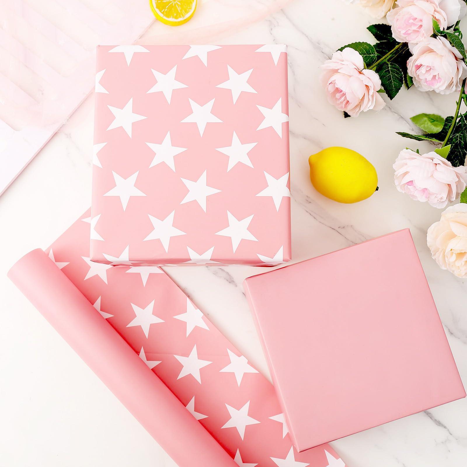 U\'COVER U\'COVER Pink Gift Wrapping Paper Roll for Girls Women Birthday Baby Shower Wedding Christmas Valentines Day Anniversary Graduation Holiday Gift Wrap Rolls Star Pattern Medium Roll (PINK)
