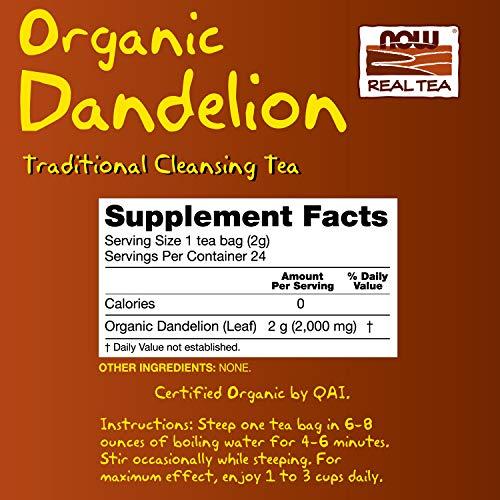 Now Foods NOW Foods, Certified Organic Dandelion Traditional Cleansing Herbal Tea, Caffeine-Free, Non-GMO, Premium Unbleached Tea Bags with No-Staples Design, 24-Count