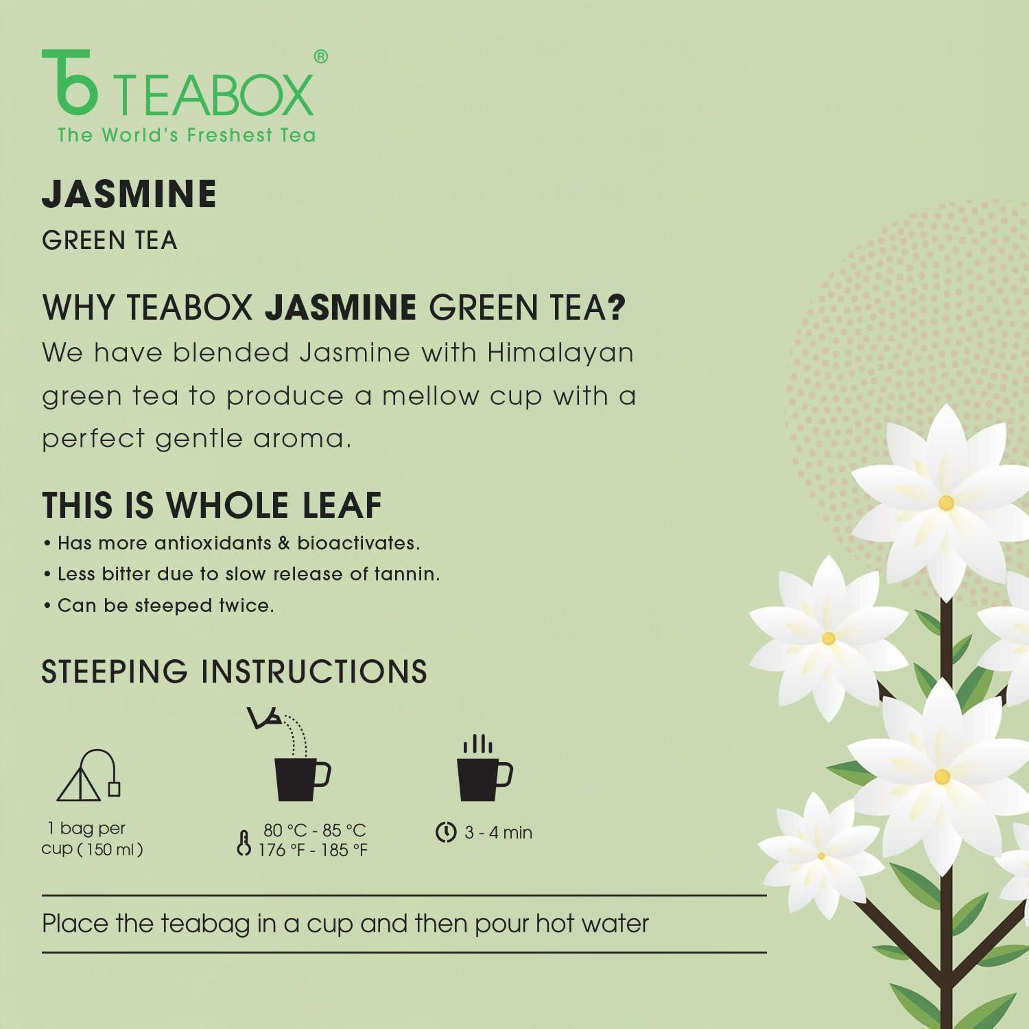Teabox Teabox Premium ORGANIC Green Tea With Jasmine Flowers And Natural Flavours | 100% Whole Leaf Green Tea From The Himalayas | USDA ORGANIC (50 Count (Pack of 1))