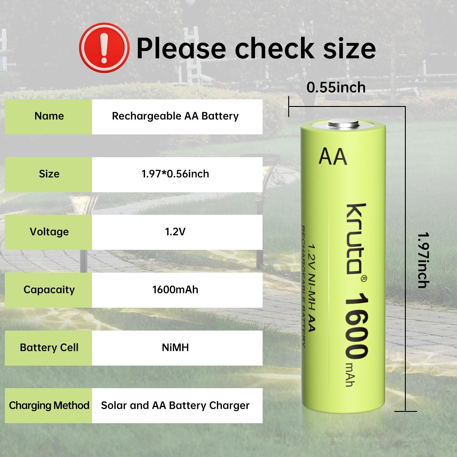 Kruta Kruta Ni-MH AA Rechargeable Batteries, Double A 1600mAh High Capacity 1.2V Pre-Charged for Garden Landscaping Outdoor Solar Lights, String Lights, Pathway Lights (AA-1600mAh-8 Pack)
