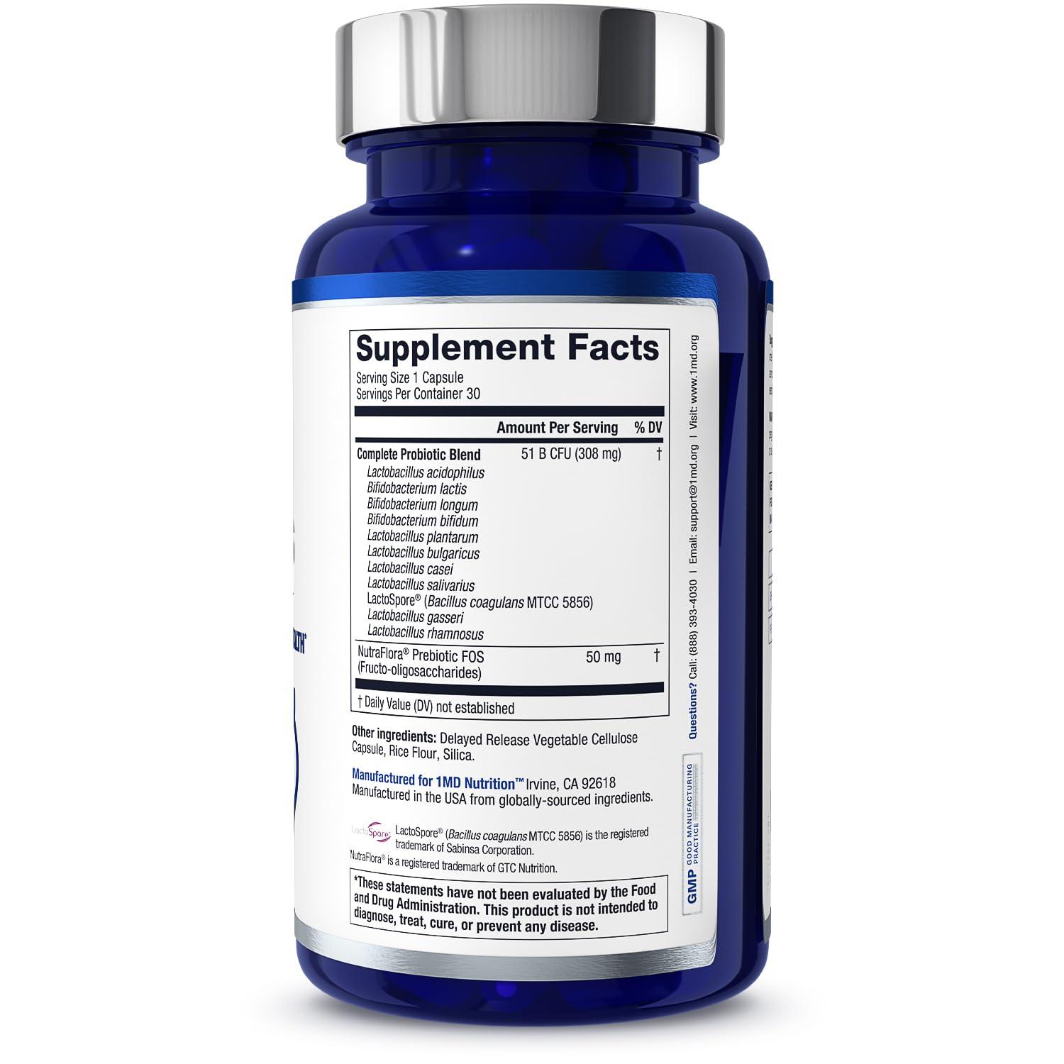 1MD Nutrition 1MD Complete Probiotics Platinum | Supports Digestive Health | with Nourishing Prebiotics, 51 Billion Live CFU, 11 Strains, Dairy-Free | 30 Vegetable Capsules (2-Pack)