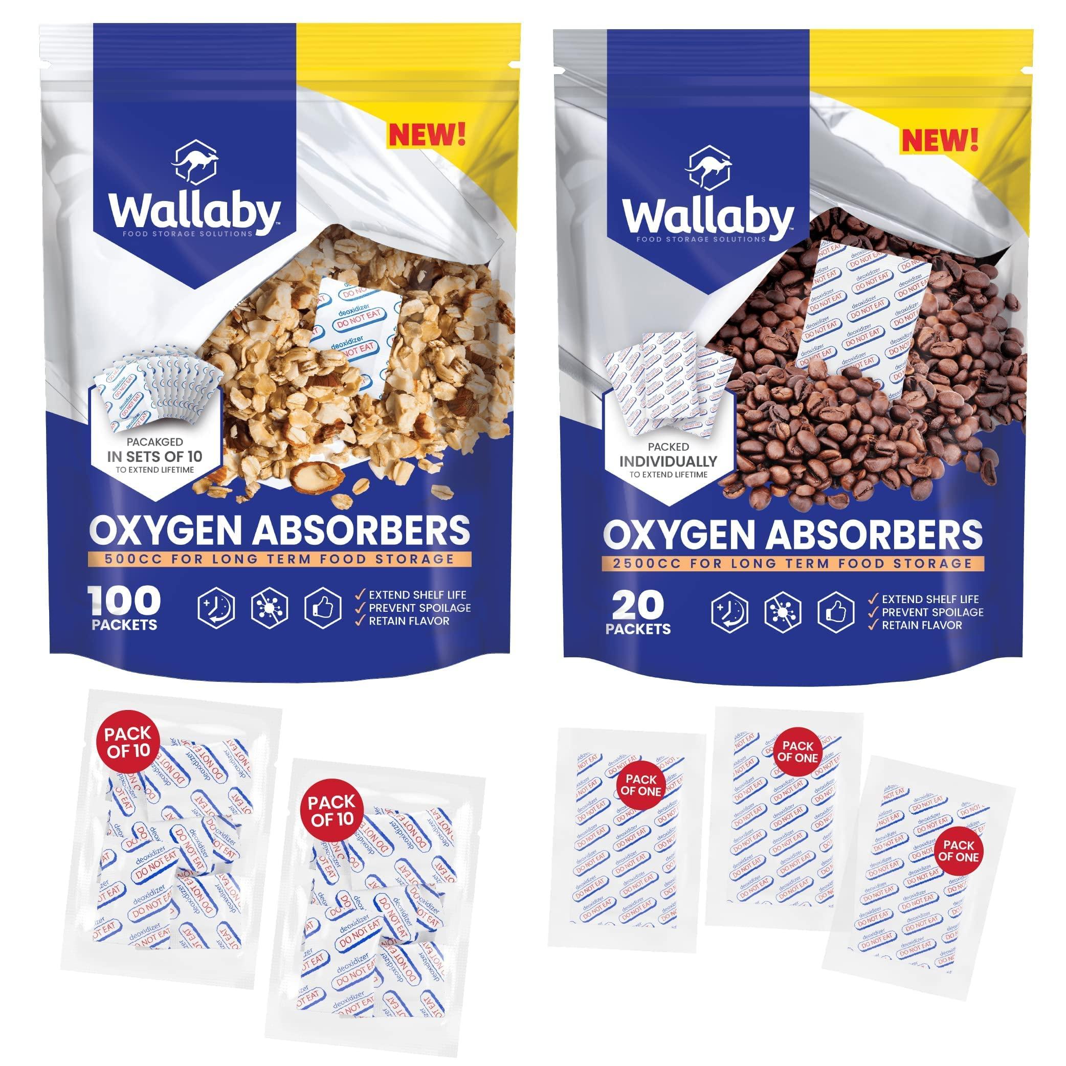 Wallaby Wallaby 500cc Oxygen Absorbers - 100 Count (10x Packs of 10) + 2500cc Oxygen Absorbers - 20 Count (Individually Sealed) - for Long Term Food Storage & Survival