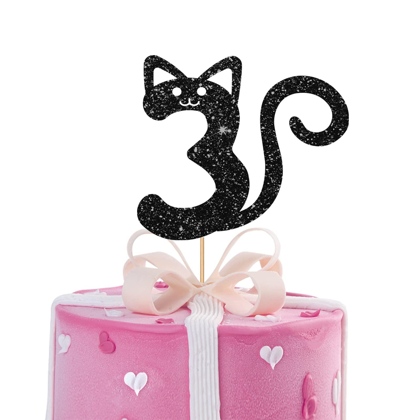 MINUET MINUTE Cat Three Cake Topper, Number 3 Cake Topper for Baby Girl, Kitty Happy 3rd Birthday Party Supplies, Pet Cat Three Year Old Party Decoration - Black Glitter