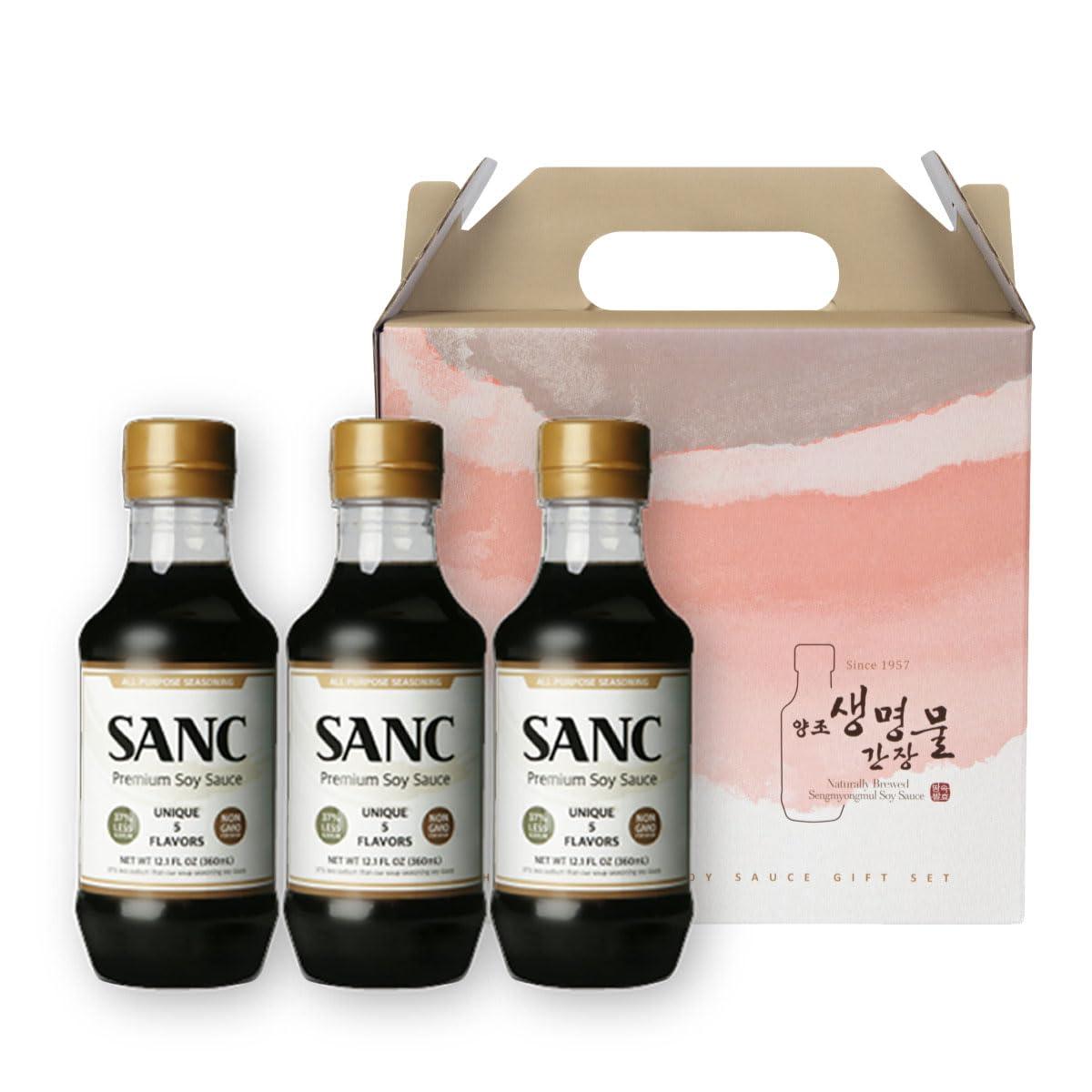 Shinangchon SANC All Purpose Korean Soy Sauce, 12.2 Fl Oz (Pack of 3) A Must-Have for Every Pantry, Low-Sodium Salt Substitute, NON-GMO Bean, No Artificial Additives, Naturally Brewed with Music Fermentation