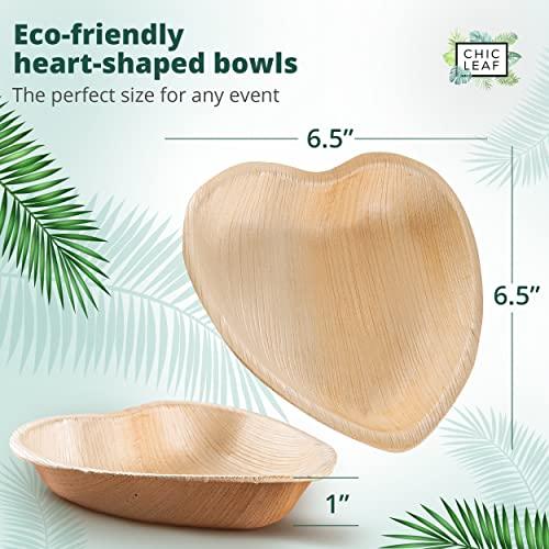 Chic Leaf Chic Leaf Palm Leaf Bowls Disposable Bamboo Heart Shaped Bowls 6.5 Inch Heart Dish (50 Heart Bowls) - Compostable Heart Shaped Plates - Cute Plates For Catering, Charcuterie, Parties