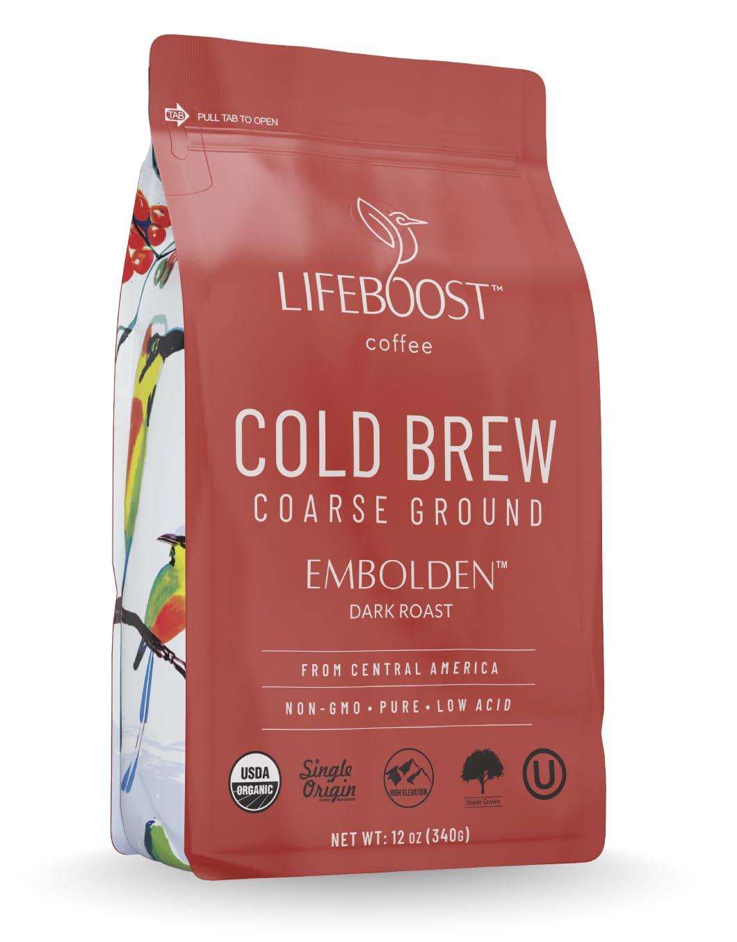 LIFEBOOST Lifeboost Dark Cold Brew Coffee - Low Acid Coarse Ground Coffee for Cold Brew - Single Origin Non-GMO USDA Organic Cold Brew Coffee Grounds - 3rd Party Tested For Mycotoxins & Pesticides - 12 Ounces