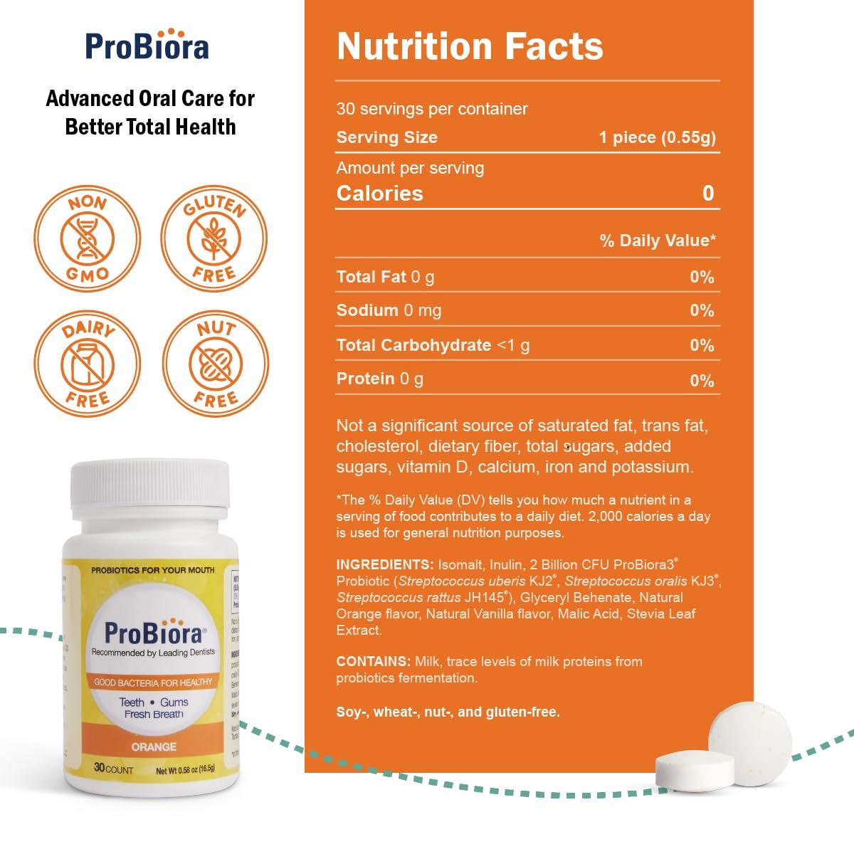 ProBiora Health ProBiora Oral-Care Chewable Probiotic Tablets | Probiotic Supplement for Women & Men | Healthier Teeth & Gums | Fresher Breath | Whiter Teeth | Better Overall Health | 30 Count | Orange