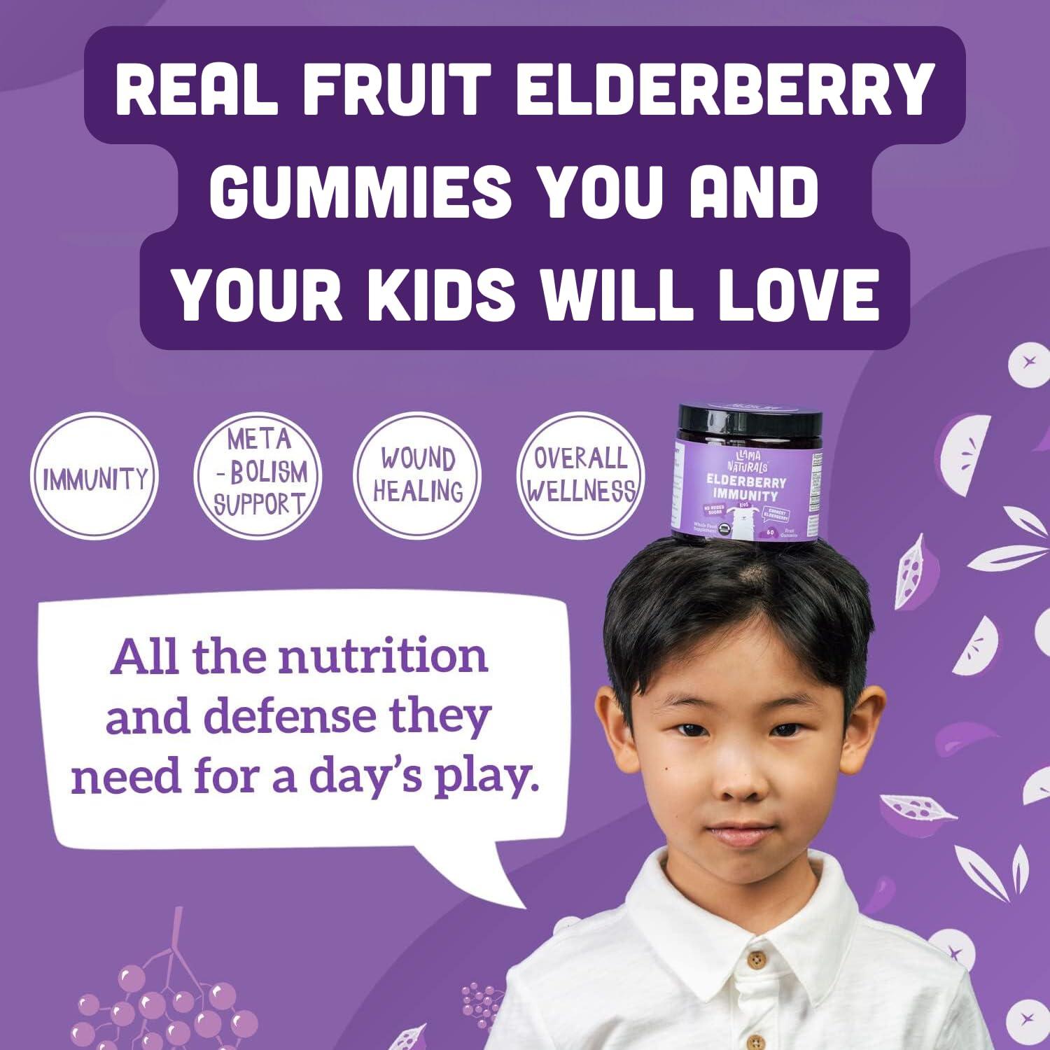 Llama Naturals Llama Naturals Real Fruit Sambucus Elderberry Gummies for Kids, No Added Sugar Cane, Vegan, Organic Toddler Immune Support, Zinc & Vitamin C Children 120 Count (2-4 Month Supply)