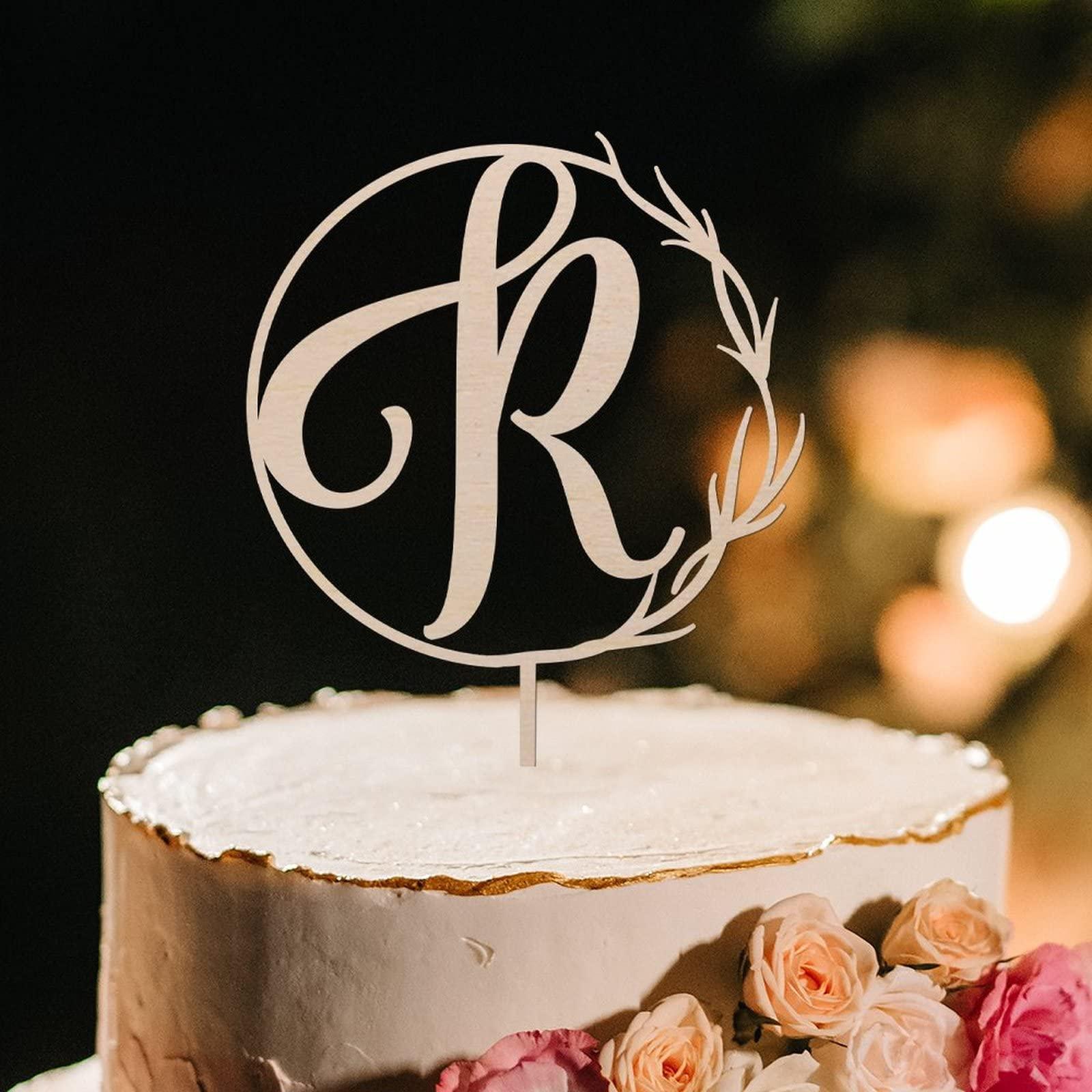 Vinisong Vinisong Personalized Initials Cake Topper Wreath Letter R Cake Topper Wood Monogram Cake Topper Rustic Wedding Cake Topper Birthday Cake Decoration(Design 06,R)