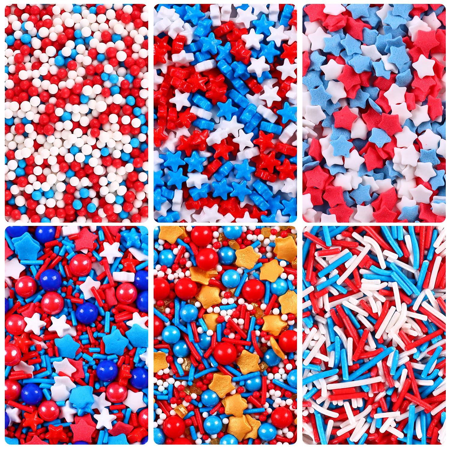 cobakey Edible Sprinkles Nonpareils Red White and Blue 4th of July for Cake Decorating Baking, Ice Cream, Cookies, Cupcake Topper (6 Packs)