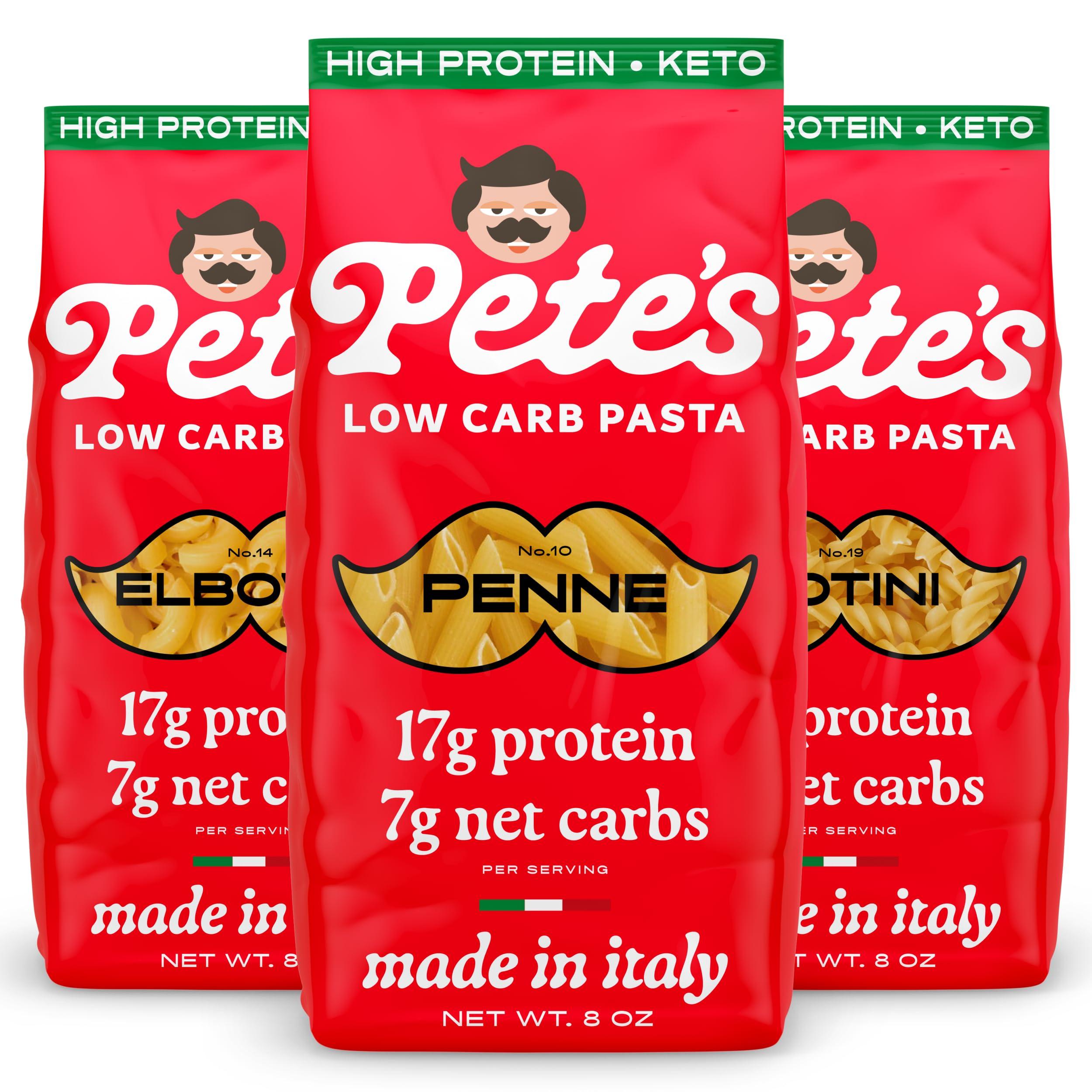 Pete\'s Pasta Pete\'s Pasta Variety Pack 8oz Penne, Rotini, Elbow 7g Low Carb Pasta, 17g High Protein Pasta Authentic Italian Keto Pasta Noodles Healthy Low Calorie Elbow Pasta Wheat Pasta from Italy