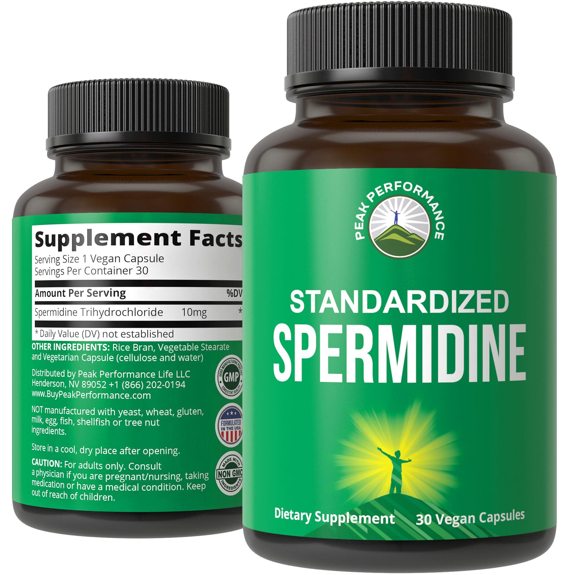 Peak Performance Spermidine Supplement Ultra High Strength Standardized to 99% Spermidine Trihydrochloride. More Potent Than Wheat Germ Extract. Vegan Capsules for Healthy Aging, Longevity. USA Tested Supplements