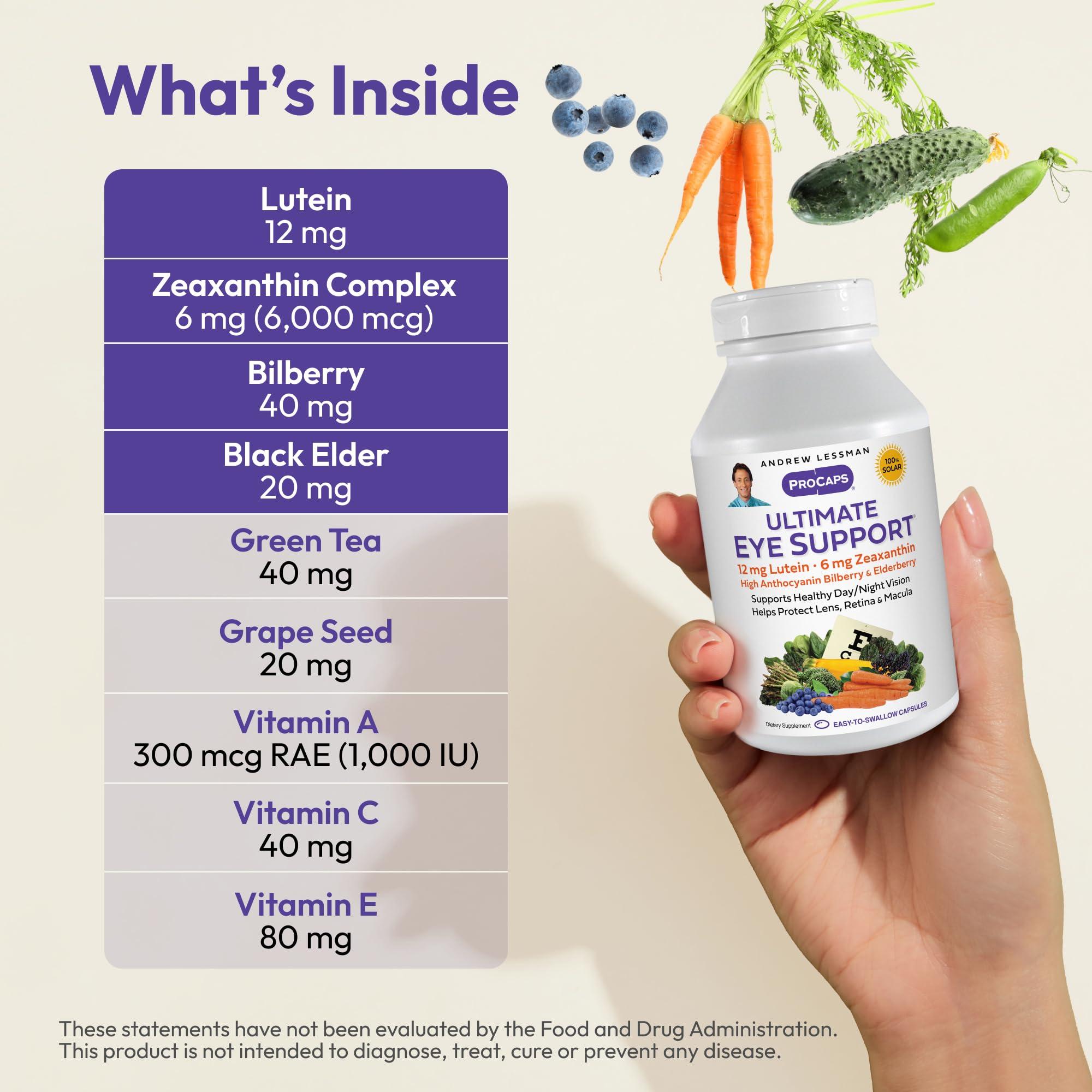 ANDREW LESSMAN ANDREW LESSMAN Ultimate Eye Support 180 Softgels - 12mg Lutein, 6mg Zeaxanthin, Bilberry, Key Nutrients to Support Eye Health and Promote Healthy Vision. No Additives. Easy to Swallow Softgels