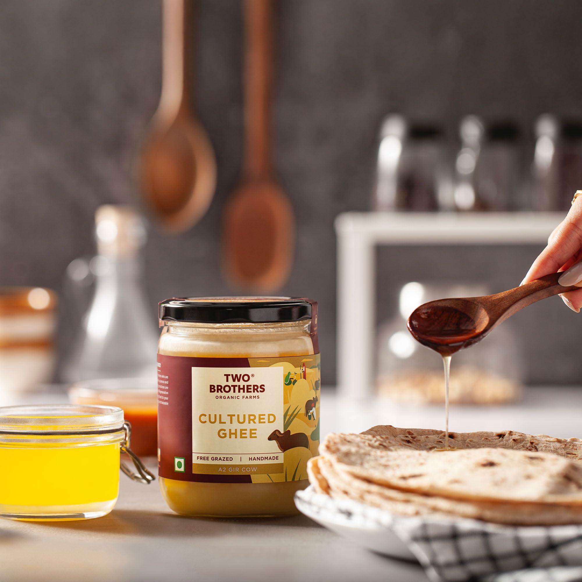 AMOREARTH - NATURAL.HEALTHY.FRESH Two Brothers Organic Farms - Grass Fed A2 Ghee 16 Fl Oz (500ml) | Clarified Butter | Cultured, Desi Gir Cow Ghee | Pasture Raised on Certified Organic Farm | Non-GMO, Lactose-Free, Keto Friendly | Made from Whole Curds in Small Batches | Glass Jar