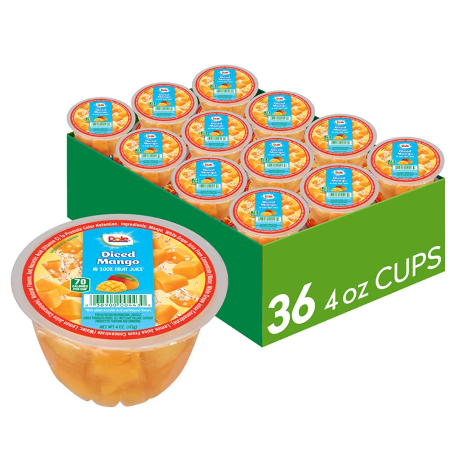 Dole Dole Fruit Bowls Diced Mango in 100% Juice Snacks, 4oz 36 Total Cups, Gluten & Dairy Free, Bulk Lunch Snacks for Kids & Adults