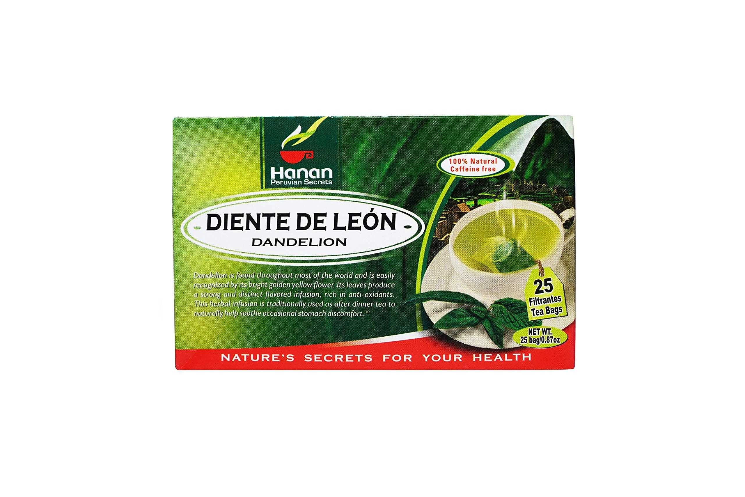 HANAN PERUVIAN SECRETS Hanan Peruvian Secrets Diente De Leon Herbal Tea | 100% Natural Dandelion Leaves | 25 Tea Bags | Naturally Supports Digestion | Soothes Occasional Stomach Discomfort - 3 Pack