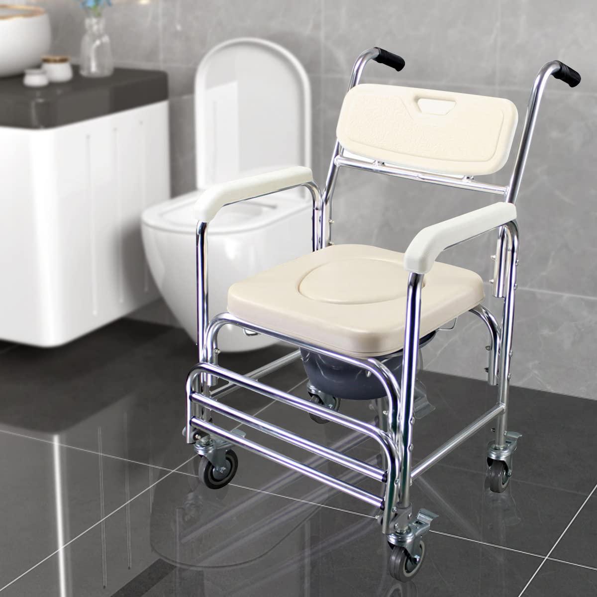 Createshao Createshao Folding Toilet Chair with Wheels Household Aluminum Portable Movable Elderly Toilet Showering with Seat Handle