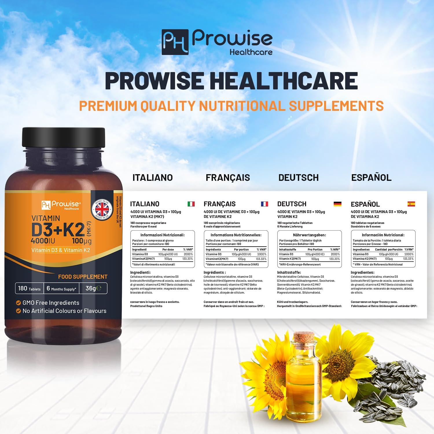 PH PROWISE Healthcare Vitamin D3 4000IU & K2 MK7 100g Vegetarian Tablets I 180 (6 Months Supply) I Easy to Swallow Supplement for Immune Support, Calcium Boost, Bone & Muscle I Made in The UK by Prowise Healthcare