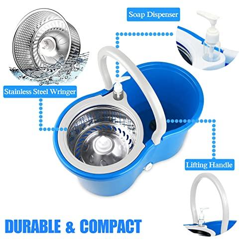 Gzdisbek Spin Mop and Bucket System | 360 Spin Mop and Bucket with Wringer Set | Mops for Floor Cleaning | 3 Microfiber Mop Replacement Head Refills | 61\" Extended Handle | Wet and Dry Use Floor Mop