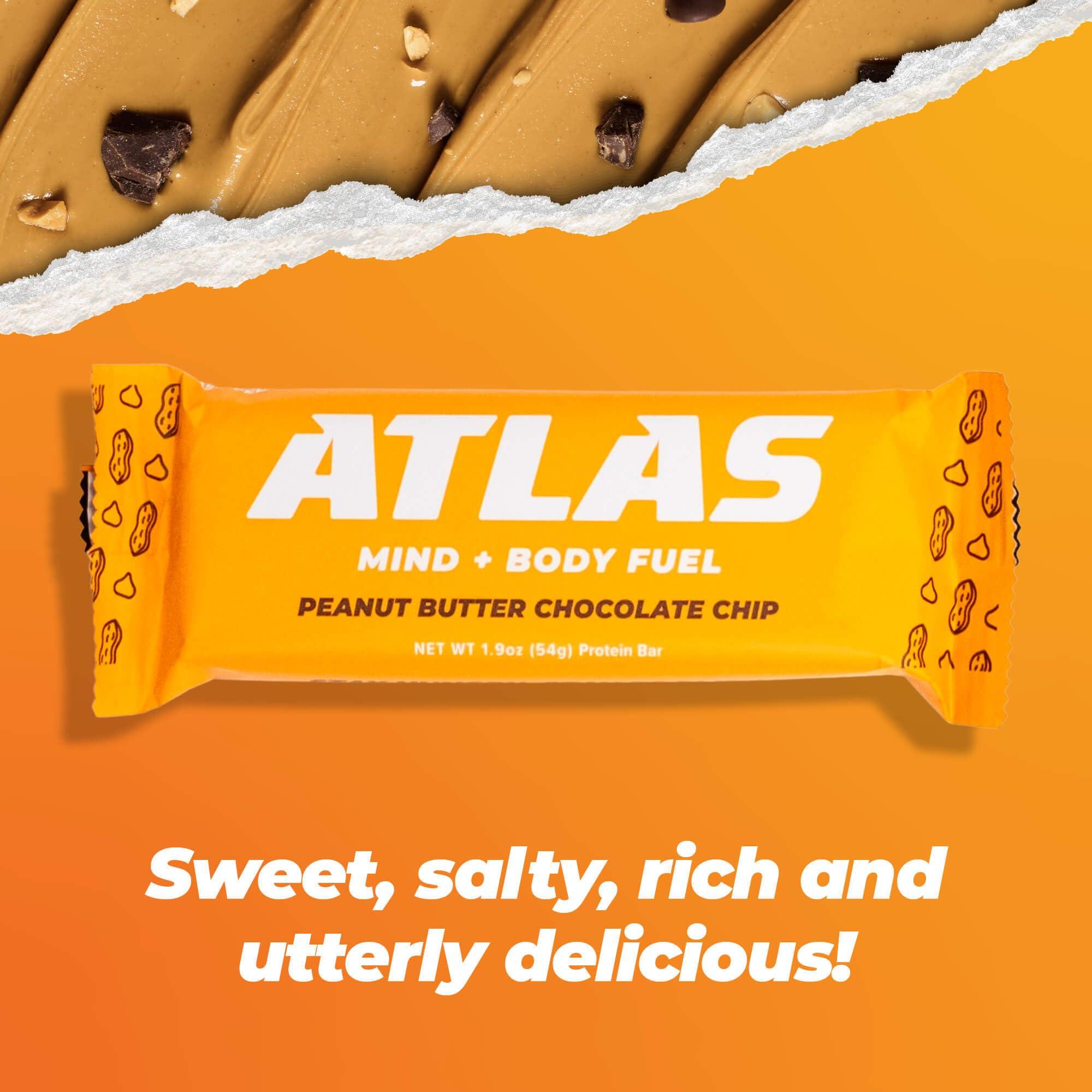 Atlas Protein Bar Atlas Protein Bar, 20g Protein, 1g Sugar, Clean Ingredients, Gluten Free, Peanut Butter Chocolate Chip (12 Count, Pack of 3)
