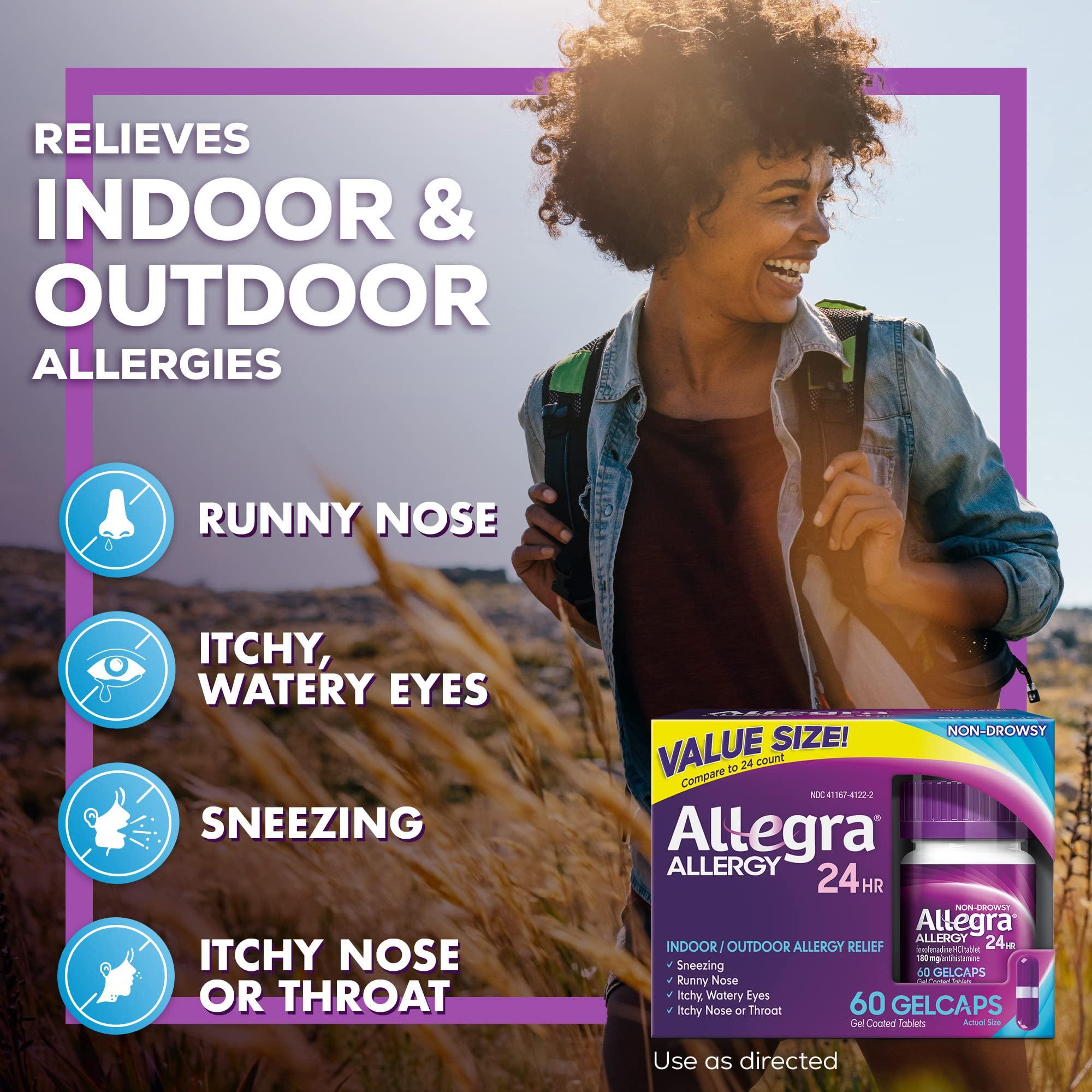 Allegra Allegra 24HR Adult Non-Drowsy Antihistamine Tablets, 100-Count, 24-Hour Allergy Relief, 180 mg & Adult 24HR Non-Drowsy Antihistamine Gelcaps, 60-Count, Fast-Acting Allergy Symptom Relief, 180 mg